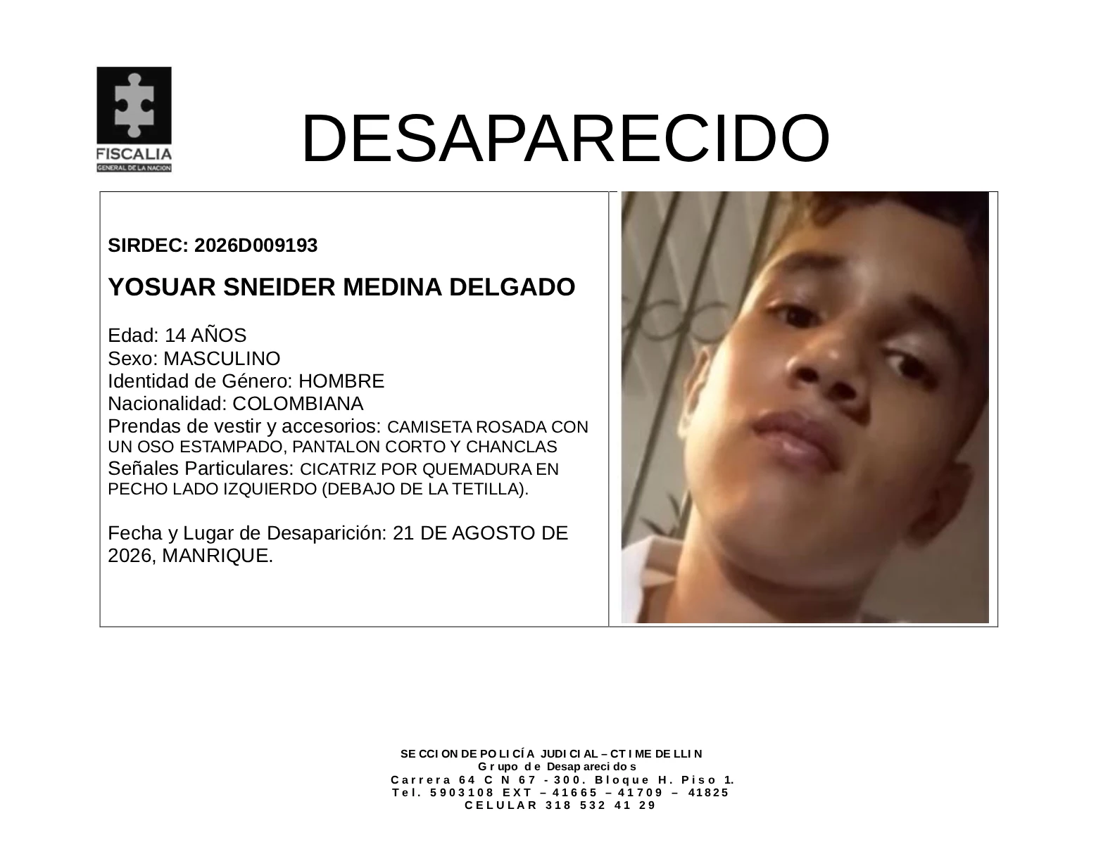 El menor Yosuar Sneider Medina desapareció en Medellín 2 3 BOLETIN DE DESAPARICION YOSUAR MEDINA DELGADO