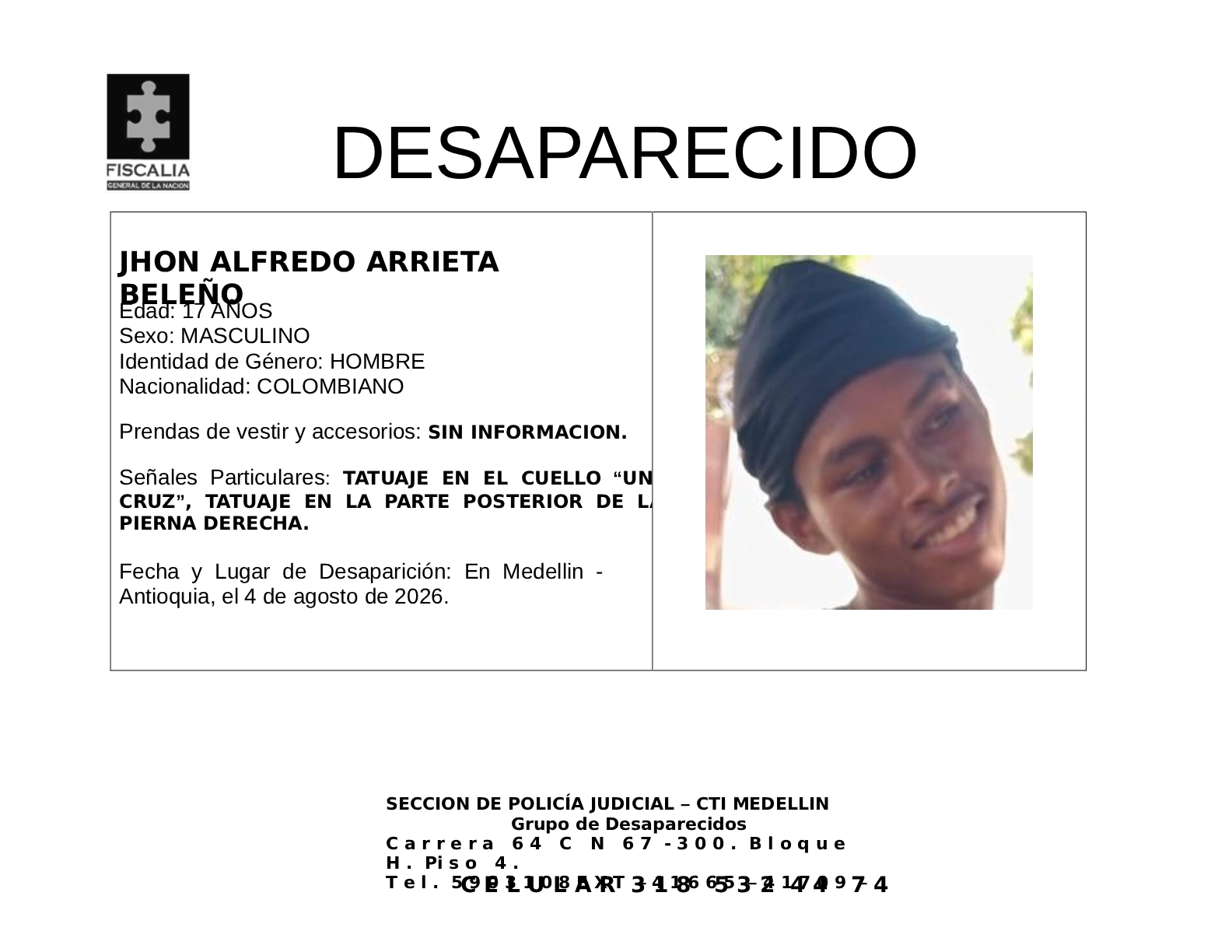 Jhon Alfredo Arrieta desapareció en Medellín 2 3 BOLETIN JHON ALFREDO ARRIETA BELENO