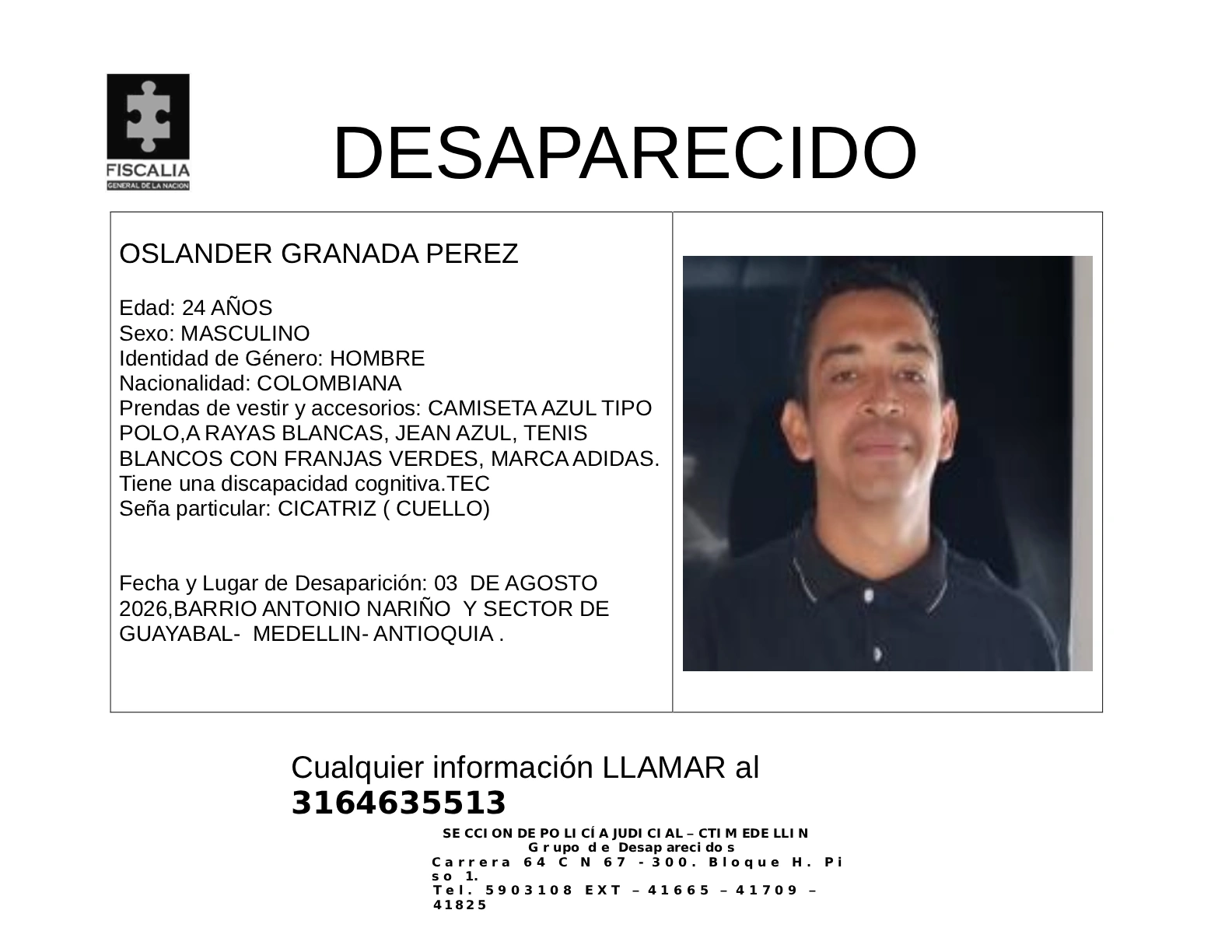 Oslander Granada desapareció en Medellín 2 3 BOLETIN OSLANDER GRANADA PEREZ