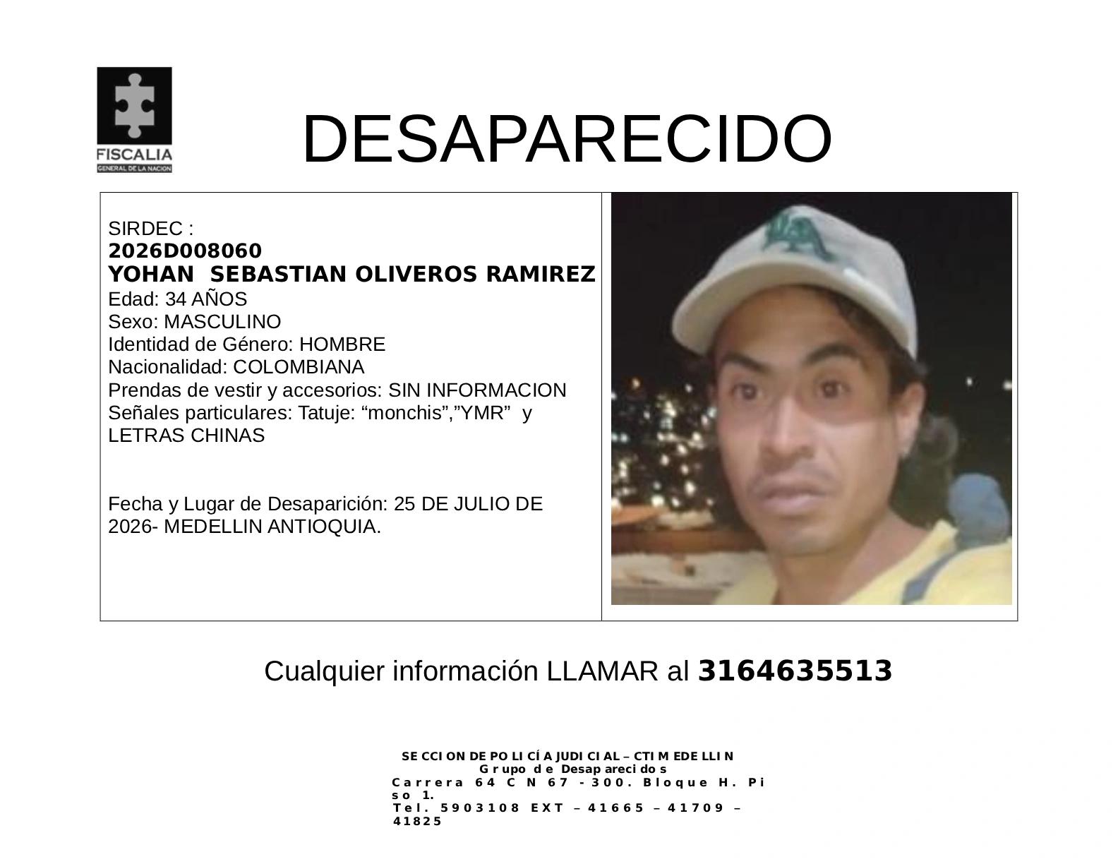 Yohan Sebastian Oliveros desapareció en Medellín 2 3 BOLETIN YOHAN SEBASTIAN OLIVEROS RAMIREZ