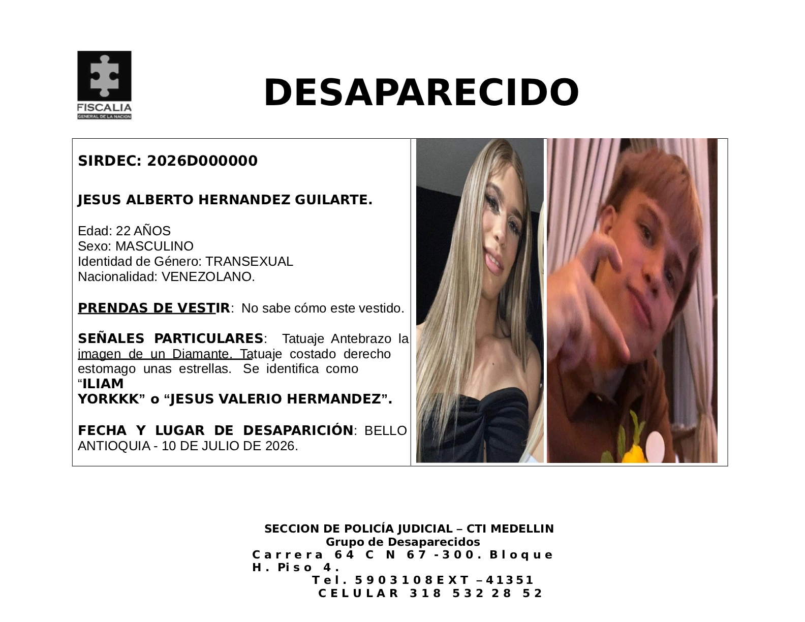 Jesús Alberto Hernández desapareció en Bello 2 4 BOLETIN JESUS ALBERTO HERNANDEZ GUILARTE