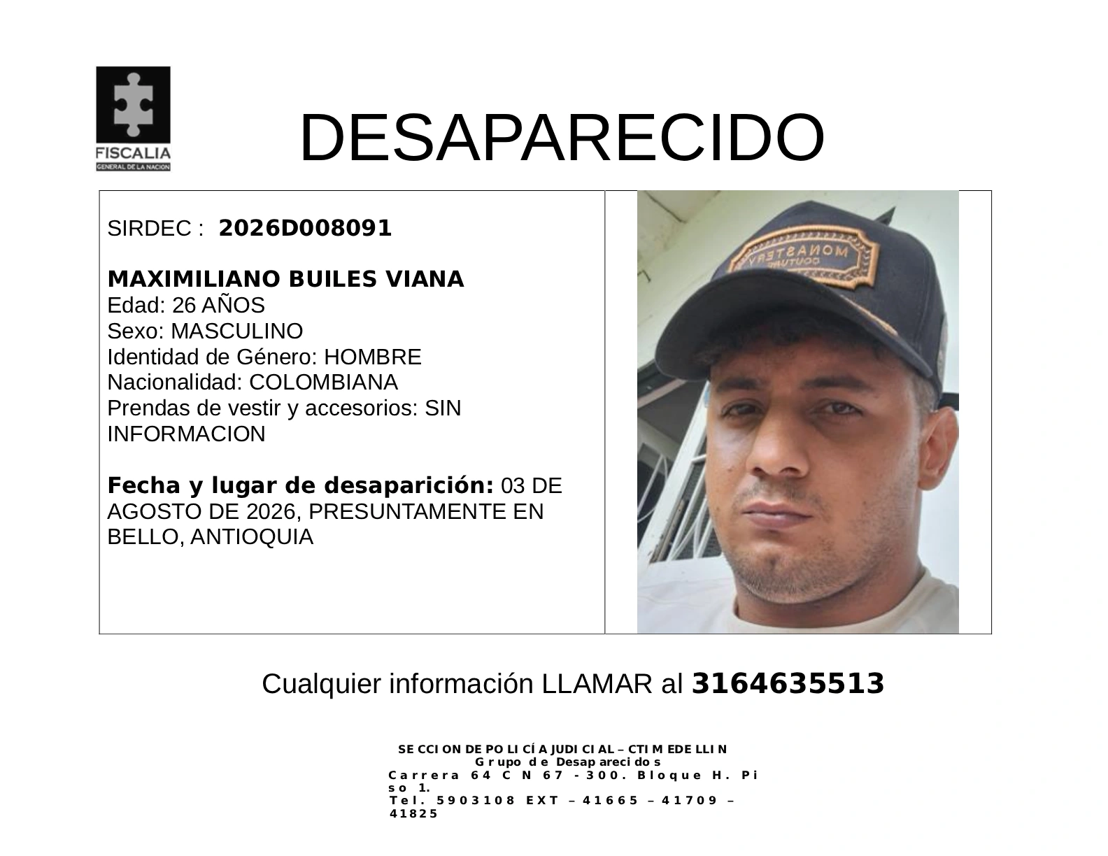 Maximiliano Builes desapareció en Bello 2 4 BOLETIN MAXIMILIANO BUILES VIANA