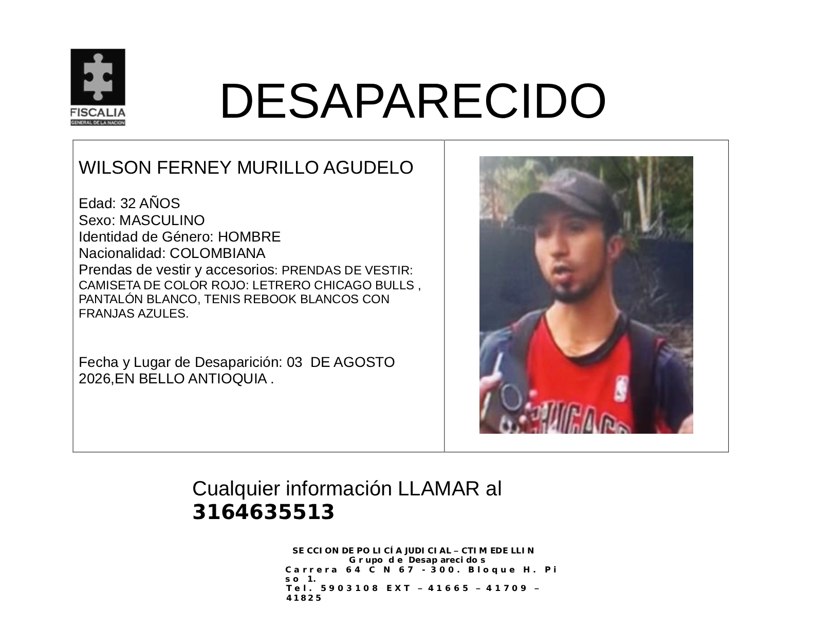 Wilson Ferney Murillo desapareció en Bello 2 4 BOLETIN WILSON FERNEY MURILLO AGUDELO