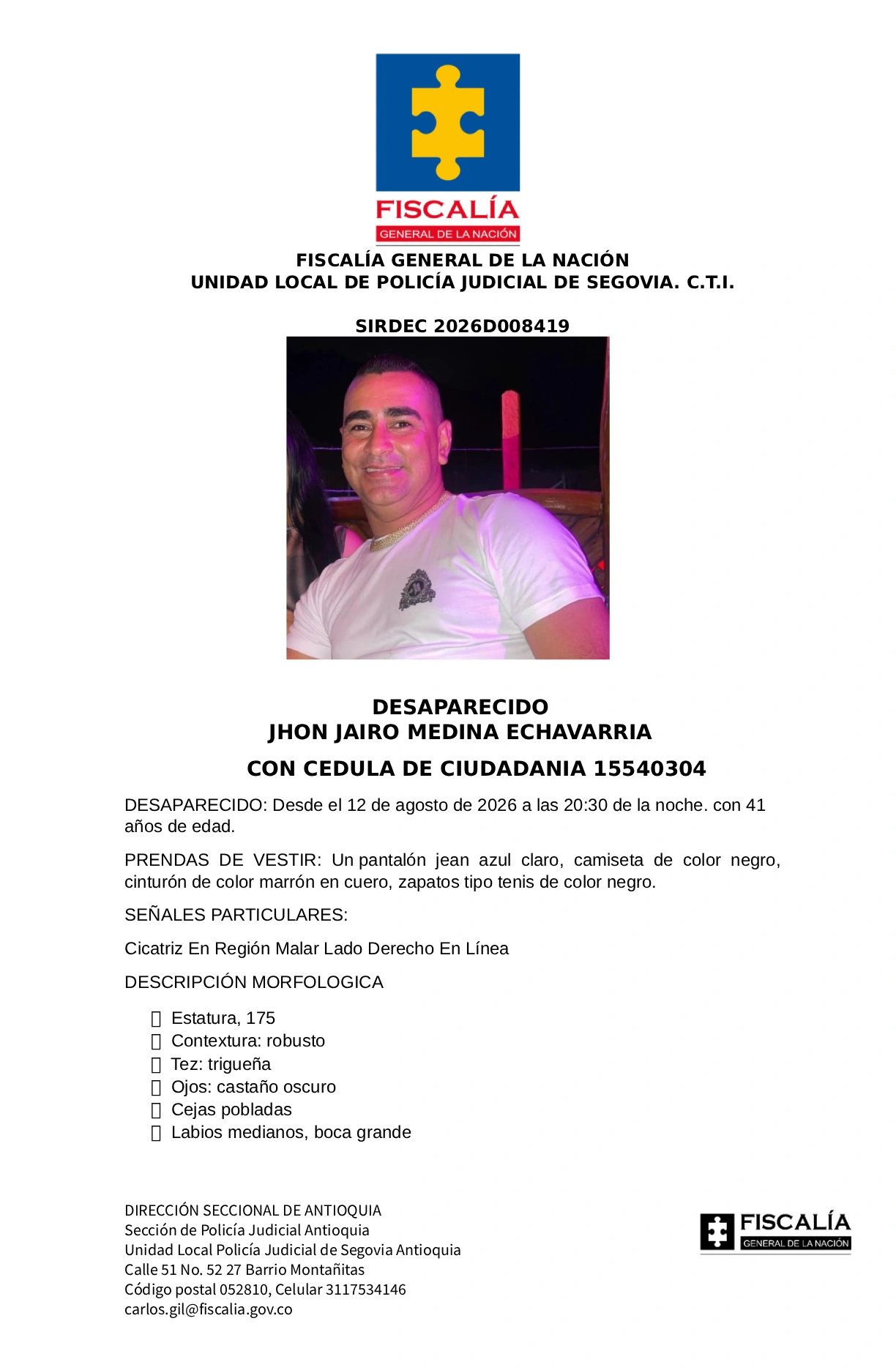 Jhon Jairo Medina desapareció en Segovia 2 4 VOLANTE JHON JAIRO MEDINA ECHAVARRIA