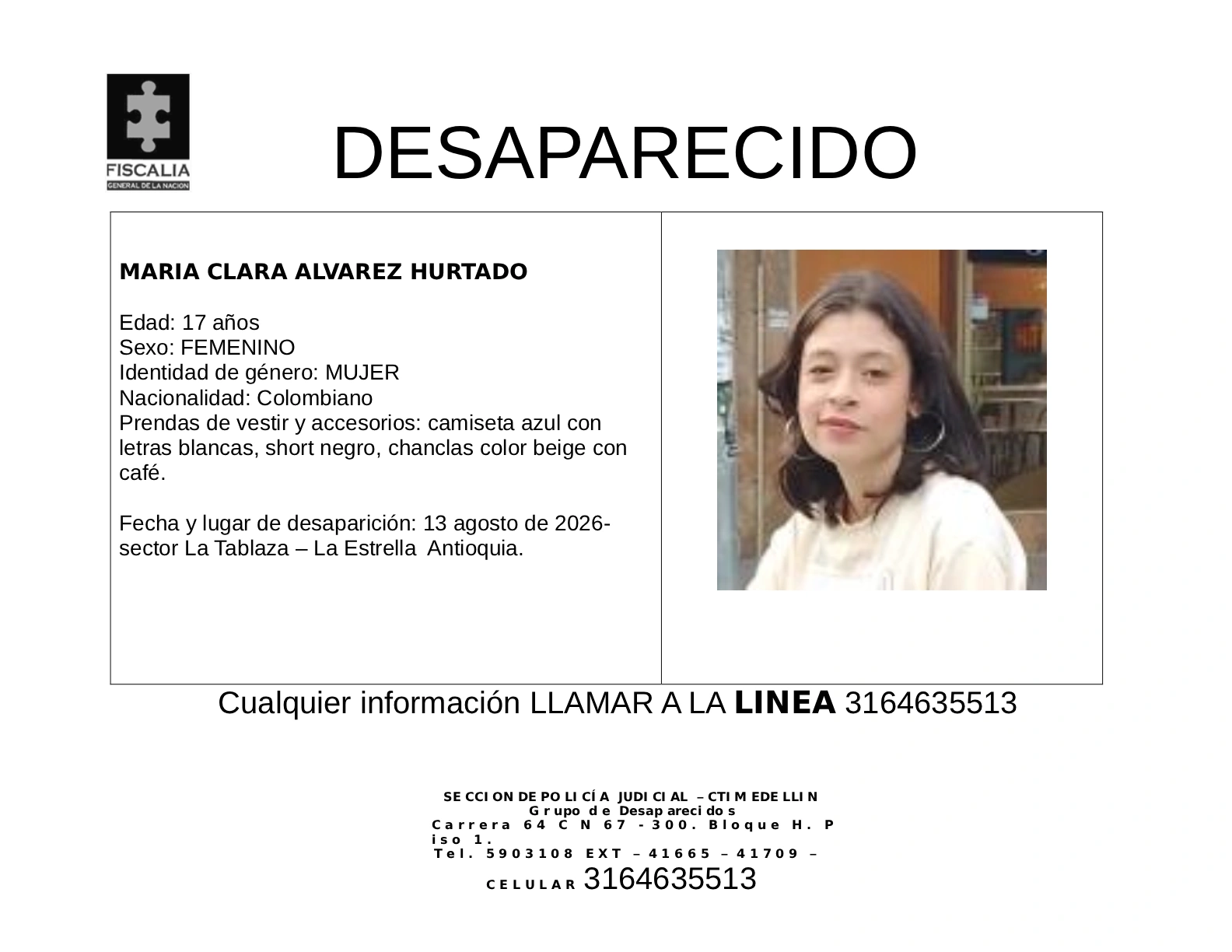 María Clara Álvarez desapareció en el municipio de La Estrella 2 5 BOLETIN MARIA CLARA ALVAREZ HURTADO