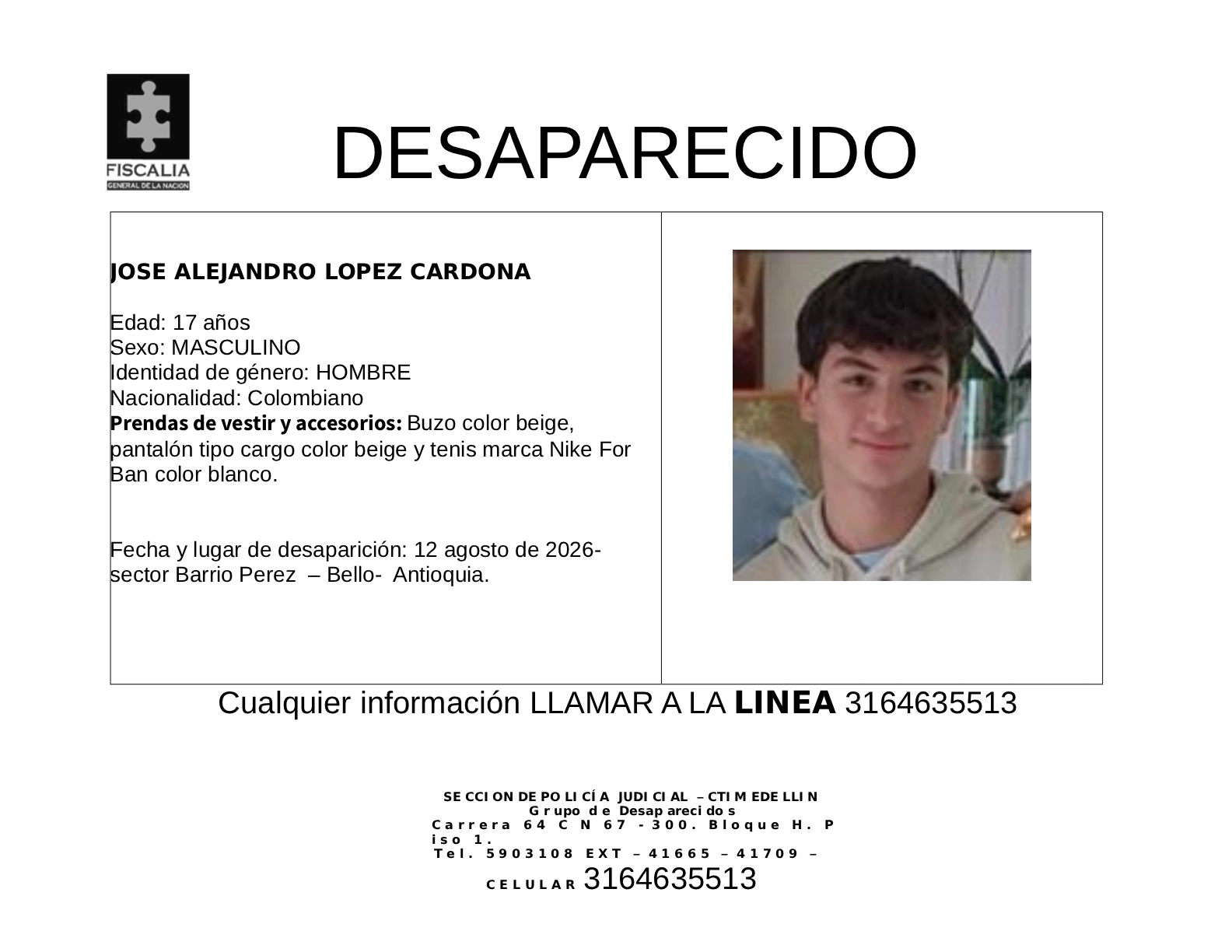 José Alejandro López desapareció en Bello 2 6 BOLETIN JOSE ALEJANDRO LOPEZ CARDONA