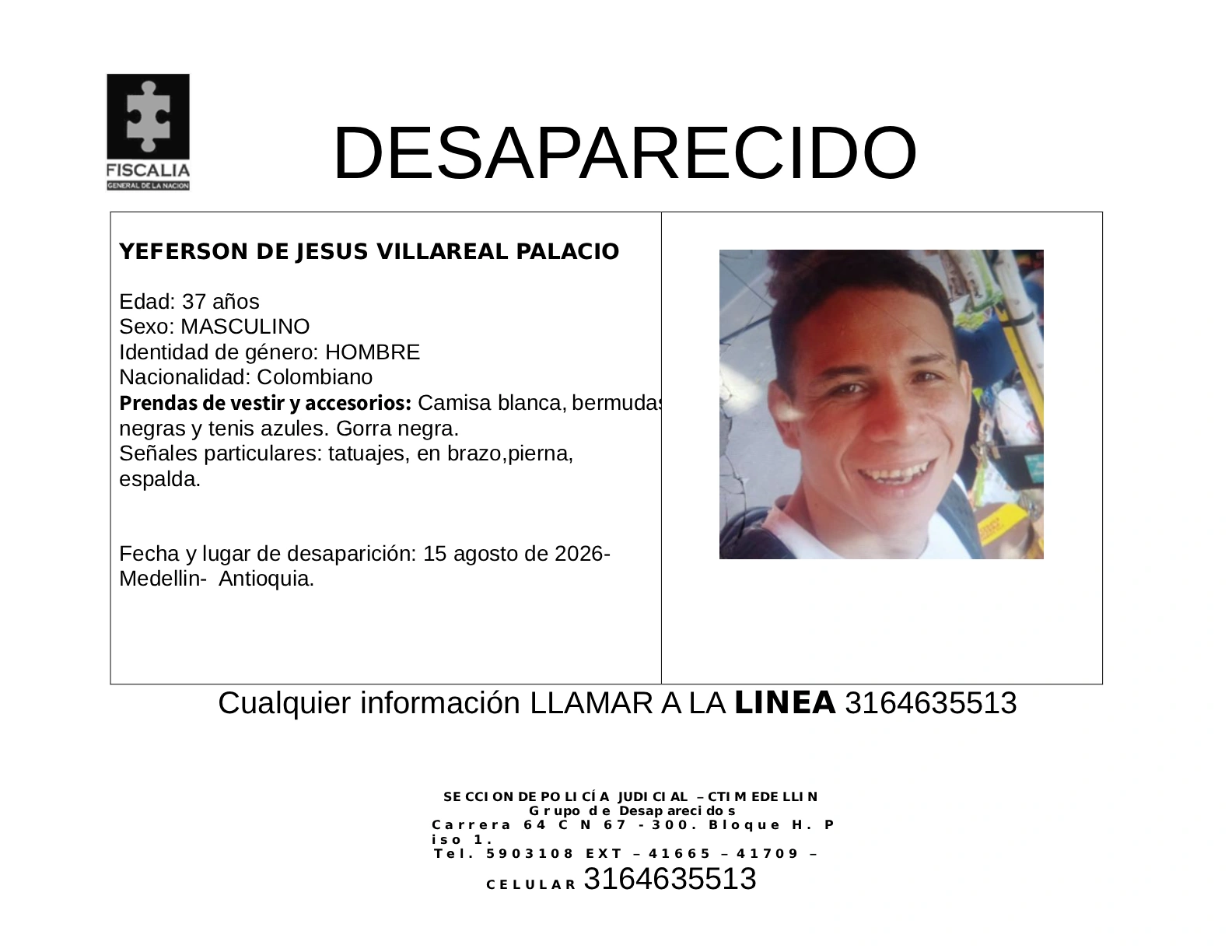 Yeferson de Jesús Villareal desapareció en Medellín 2 7 BOLETIN YEFERSON DE JESUS VILLAREAL PALACIO