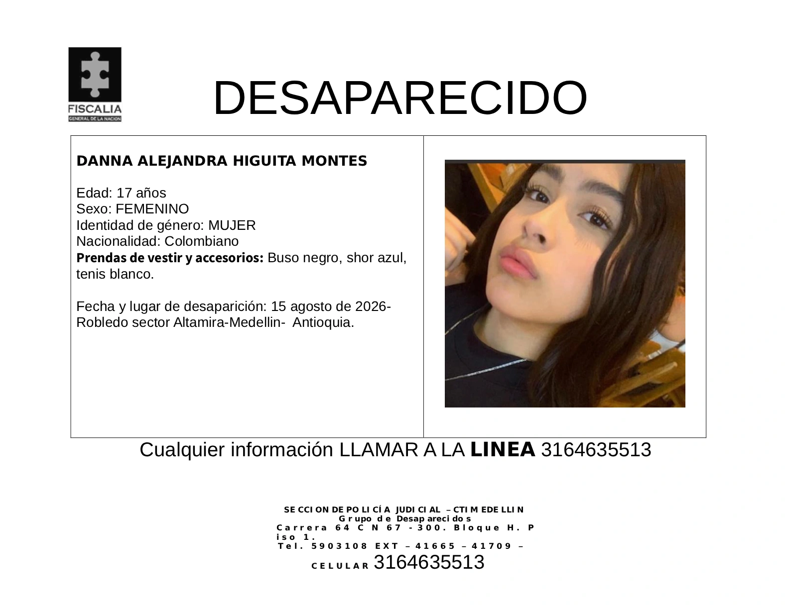 Danna Alejandra Higuita desapareció en Medellín 2 8 BOLETIN DANNA ALEJANDRA HIGUITA MONTES