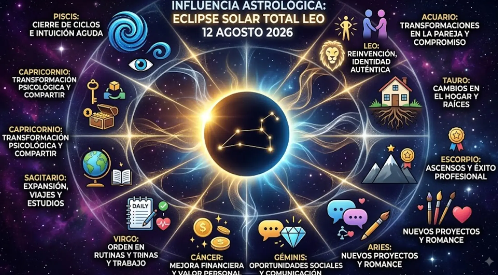 ¡Cambios radicales! Así afectará el Eclipse Total de Sol a su signo del zodiaco este 12 de agosto 2 eclipse y los signos