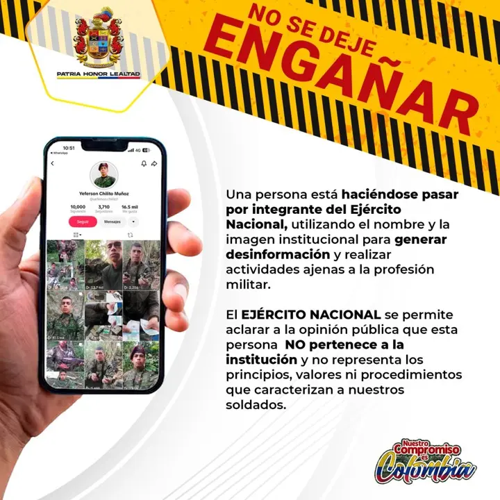 ¡No se deje engañar! Ejército denuncia a falso militar que genera desinformación usando sus prendas 2 Ejército hace un llamado ala ciudadanía ano caer en engaños