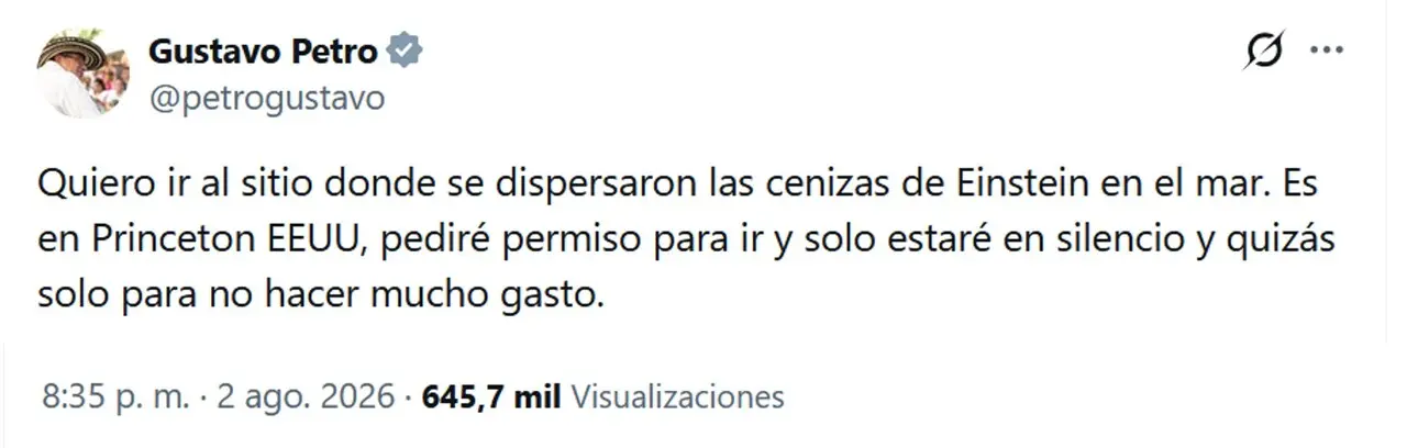 ¡Le tocó deshacer las maletas! El viaje «de despedida» de Petro a EE. UU. que se quedó en un trino 2 Trino de Petro, publicado en su cuenta de X el 2 de agosto de 2026
