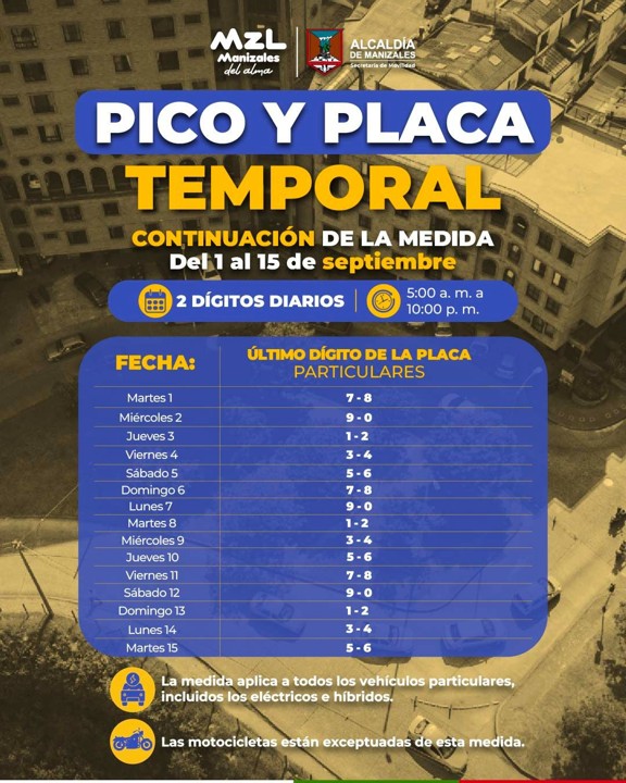 ¡Atención conductores! Se amplía el pico y placa temporal en Manizales para la primera quincena de septiembre 2 pico y placa manizales