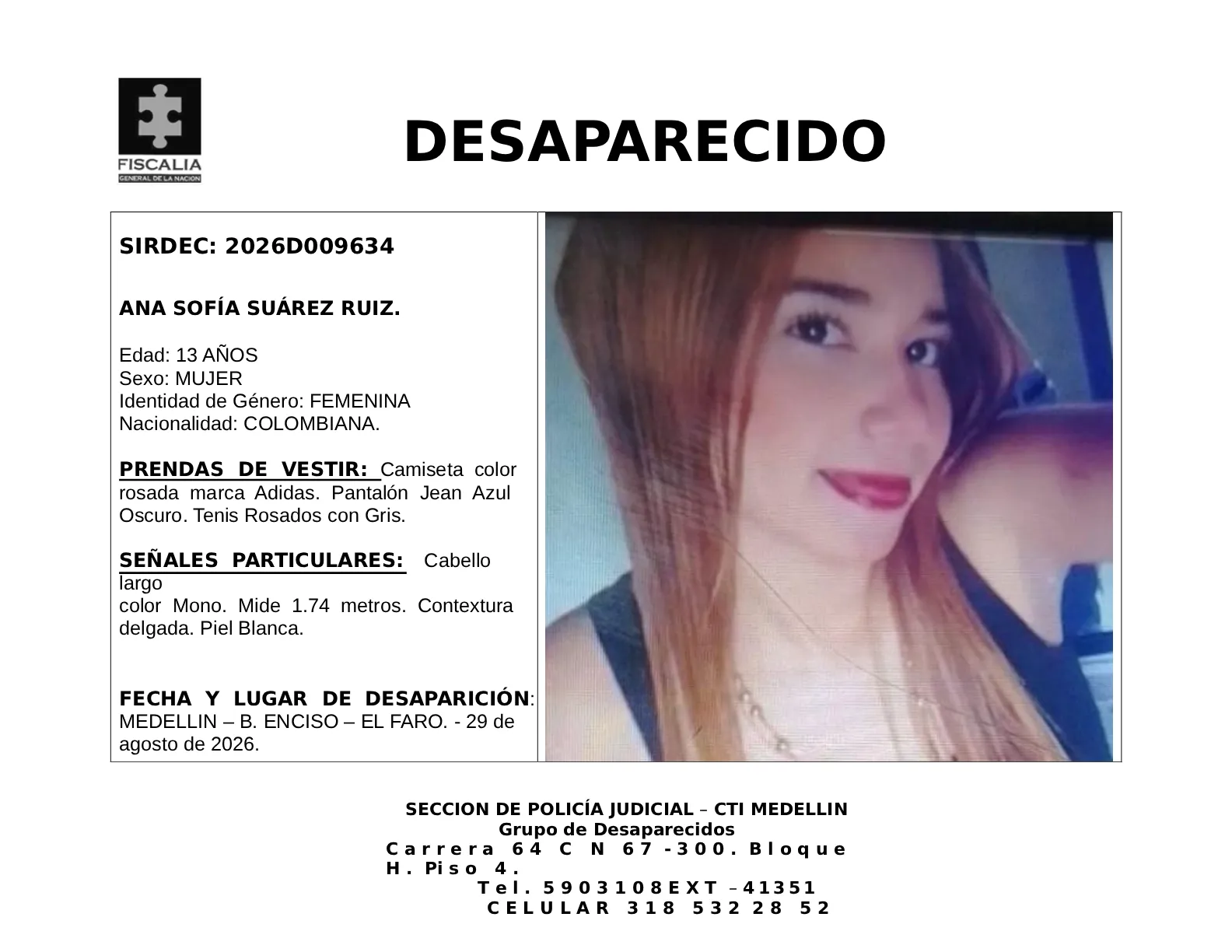 La menor Ana Sofía Suárez desapareció en Medellín 2 1 BOLETIN Ana Sofia Suarez Ruiz