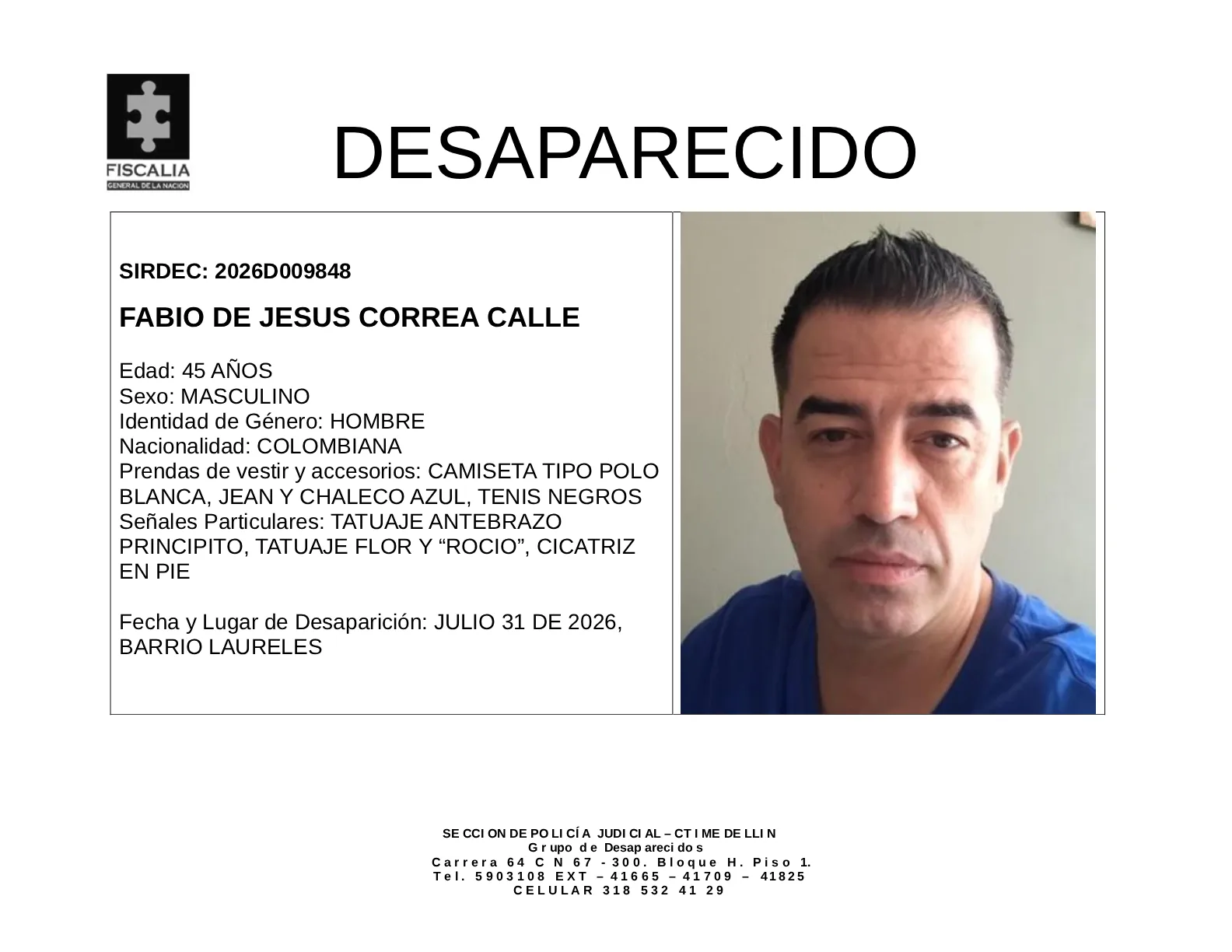 Fabio de Jesús Correa desapareció en Medellín 2 1 BOLETIN DE DESAPARICION FABIO DE JESUS CORREA CALLE