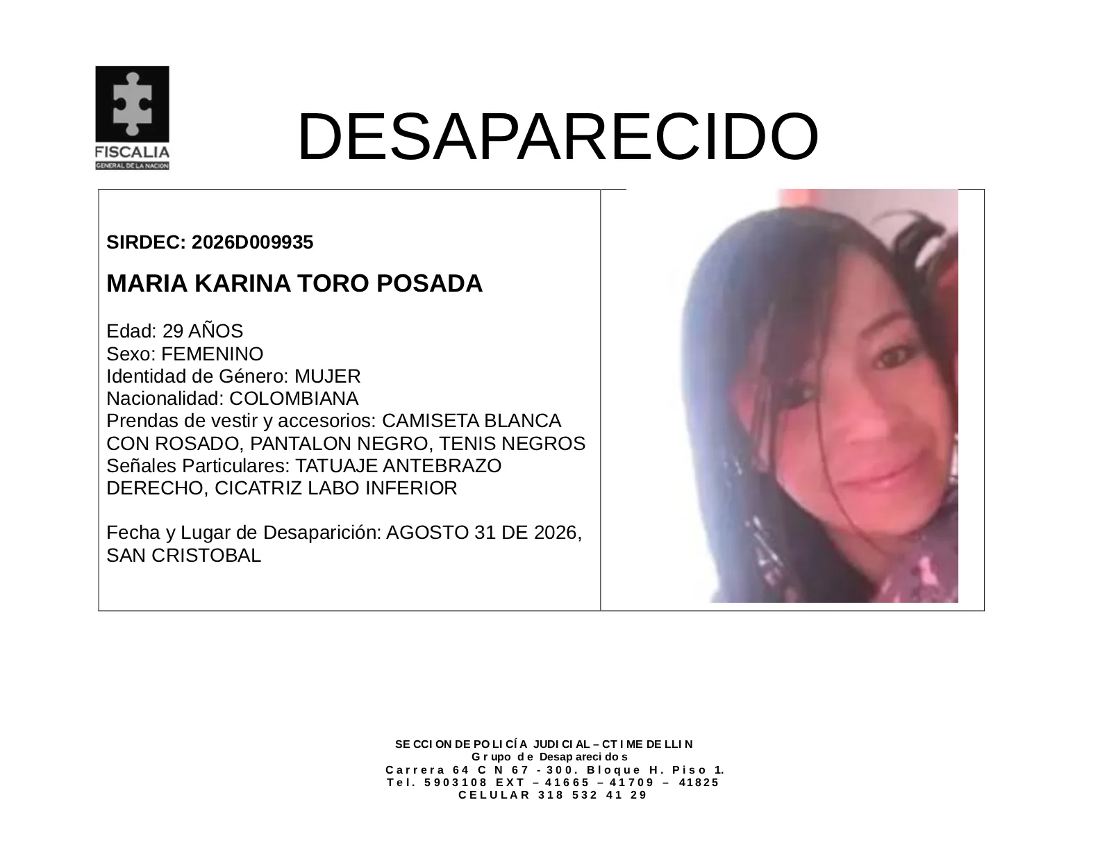 María Karina Toro desapareció en Medellín 2 1 BOLETIN DE DESAPARICION MARIA KARINA TOPO POSADA