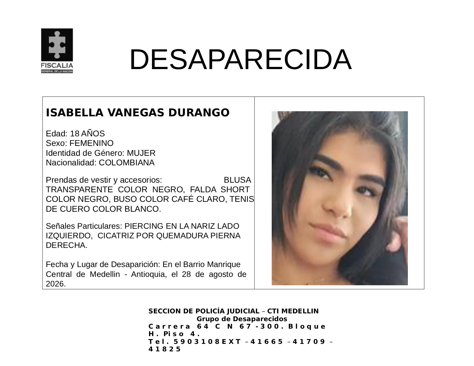 Isabella Vanegas desapareció en Medellín 2 1 BOLETIN ISABELLA VANEGAS DURANGO