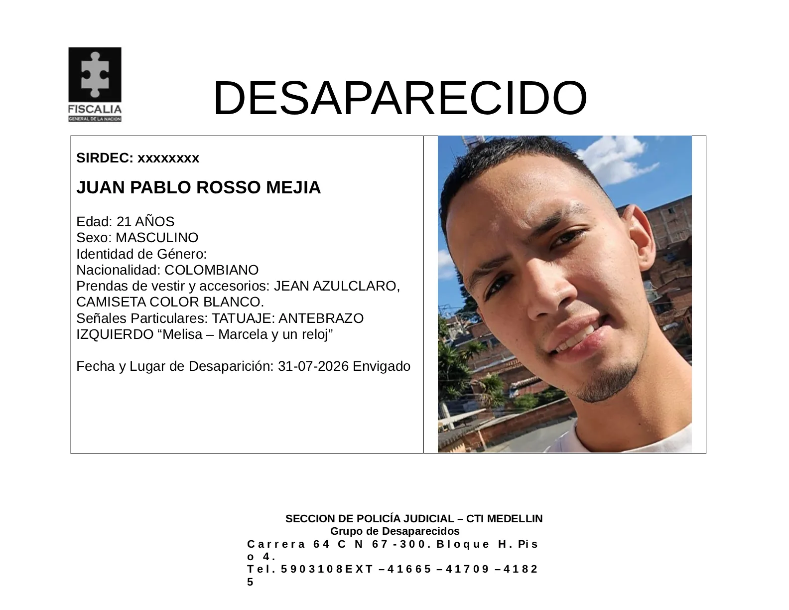 Juan Pablo Rosso desapareció en Envigado 2 1 BOLETIN JUAN PABLO ROSSO MEJIA