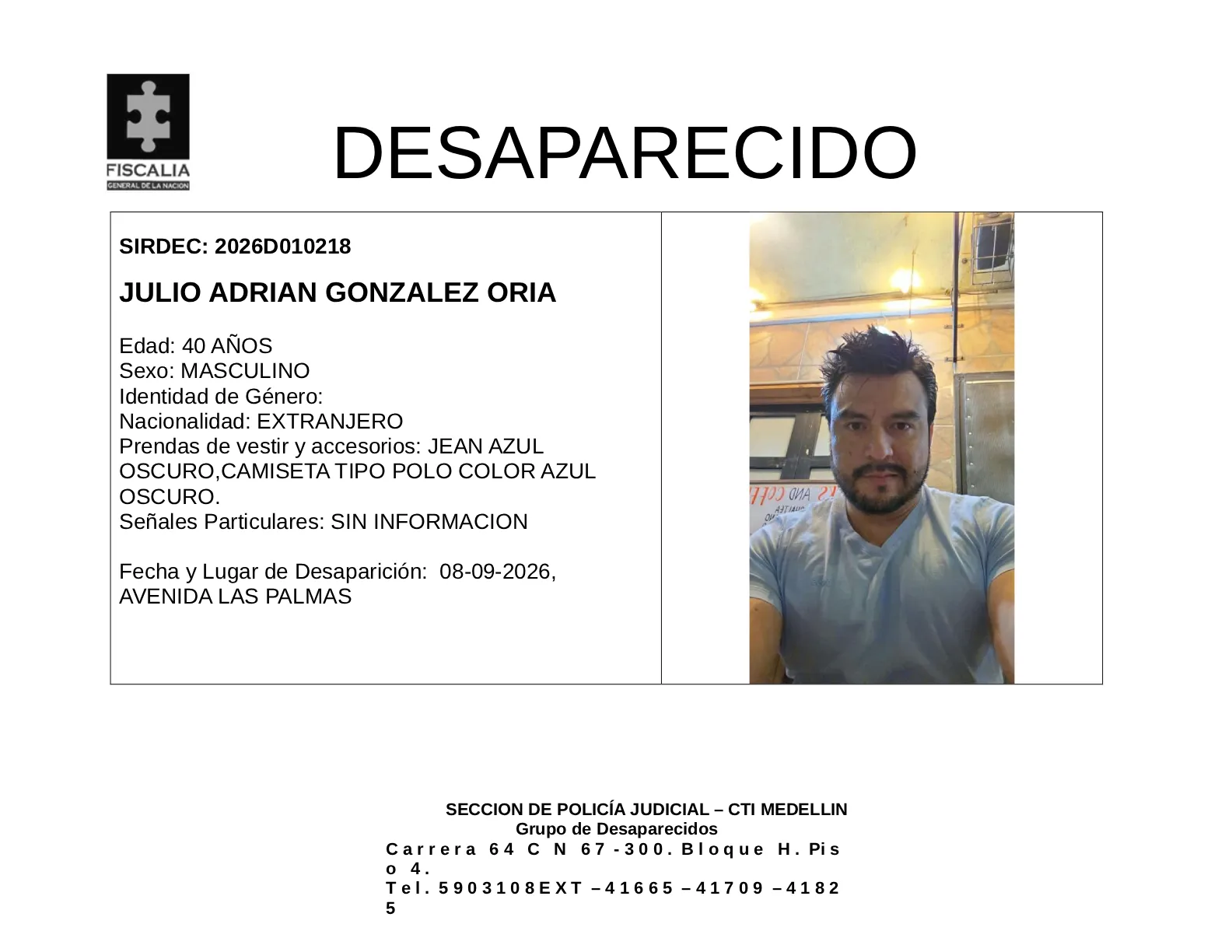 Julio Adrián González desapareció en Medellín 2 1 BOLETIN JULIO ADRIAN GONZALEZ ORIA