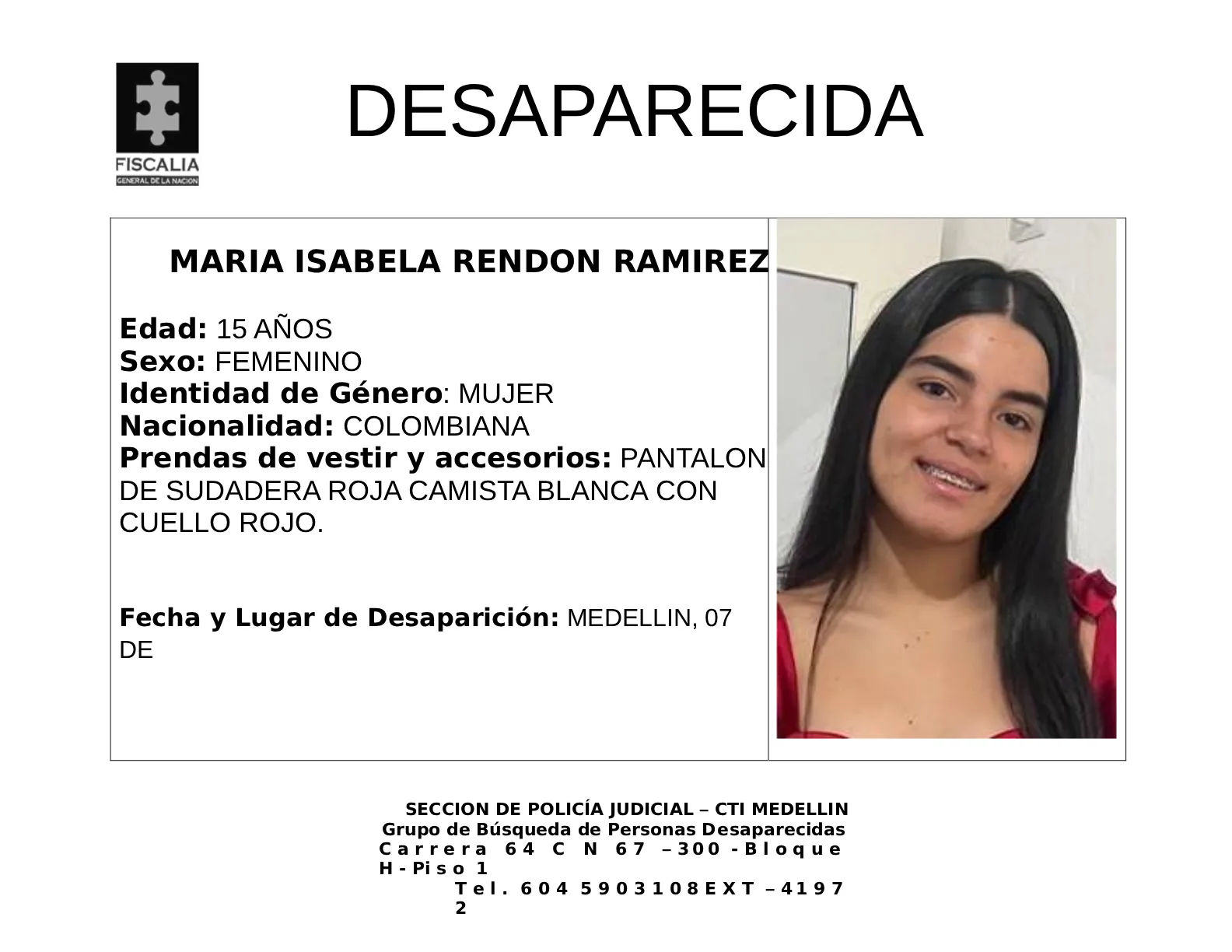 María Isabela Rendón desapareció en Medellín 2 1 BOLETIN MARIA ISABELA RENDON RAMIREZ