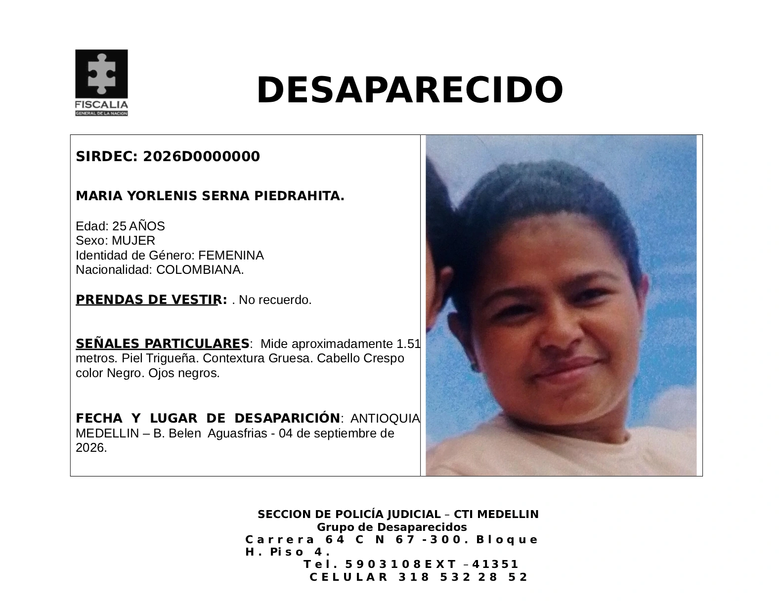 María Yorlenis Serna desapareció en Medellín 2 1 BOLETIN MARIA YORLENIS SERNA PIEDRAHITA