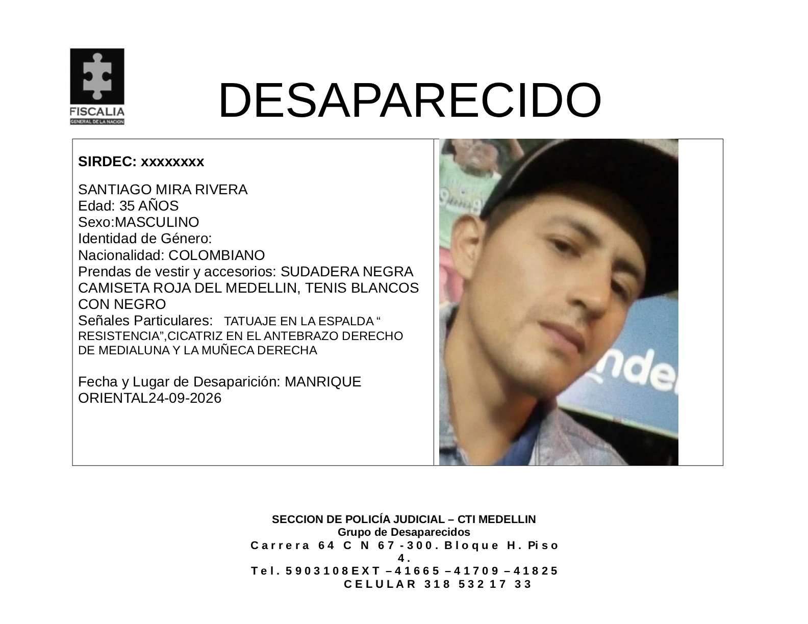 Santiago Mira desapareció en Medellín 2 1 BOLETIN SANTIAGO MIRA RIVERA