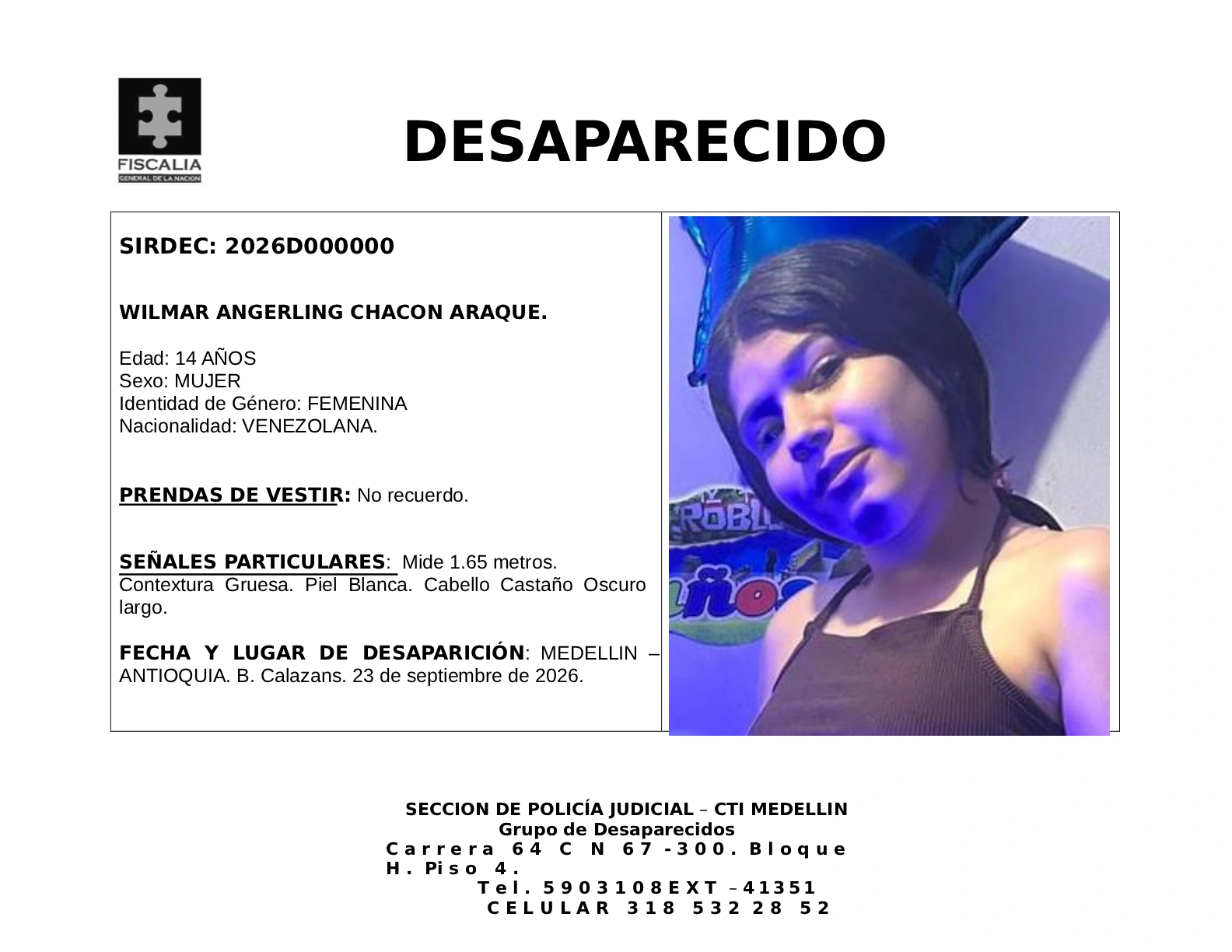 La menor Wilmar Angerling Chacón desapareció en Medellín 2 1 BOLETIN WILMAR ANGERLING CHACON ARAQUE