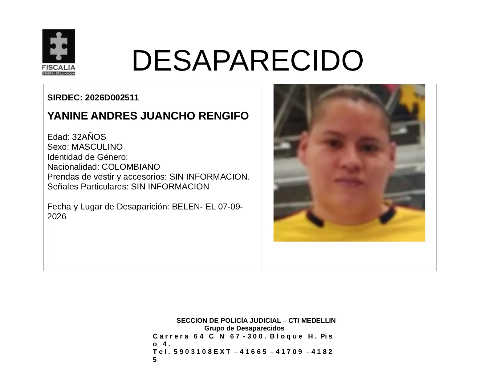 Yanine Andrés Juancho desapareció en Medellín 2 1 BOLETIN YANINE ANDRES JUANCHO RENGIFO