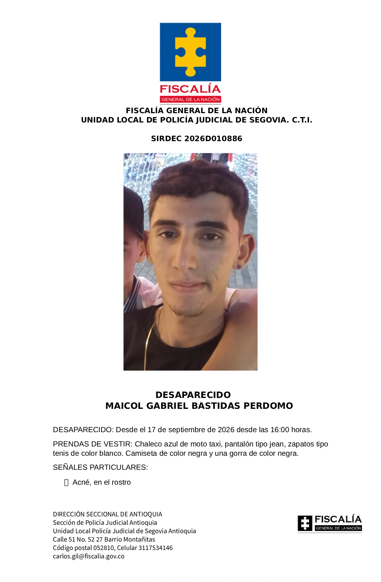 Maicol Gabriel Bastidas desapareció en Remedios 2 1 VOLANTE MAICOL GABRIEL BASTIDAS PERDOMO