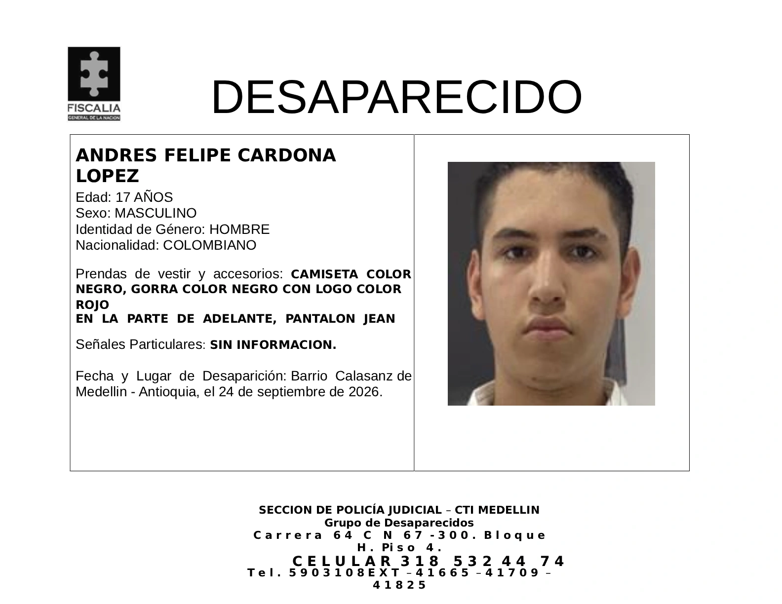 El menor Andrés Felipe Cardona desapareció en Medellín 2 2 4 BOLETIN ANDRES FELIPE CARDONA LOPEZ