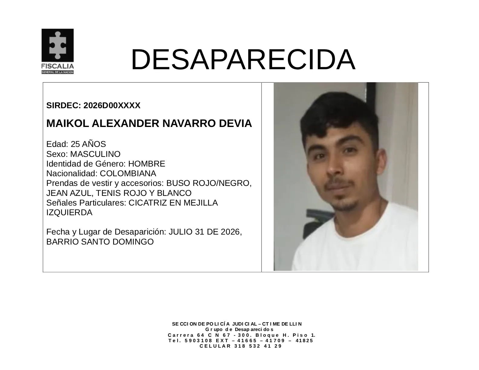 Maikol Alexander Navarro desapareció en Medellín 2 2 BOLETIN DE DESAPARICION MAIKOL NAVARRO DEVIA