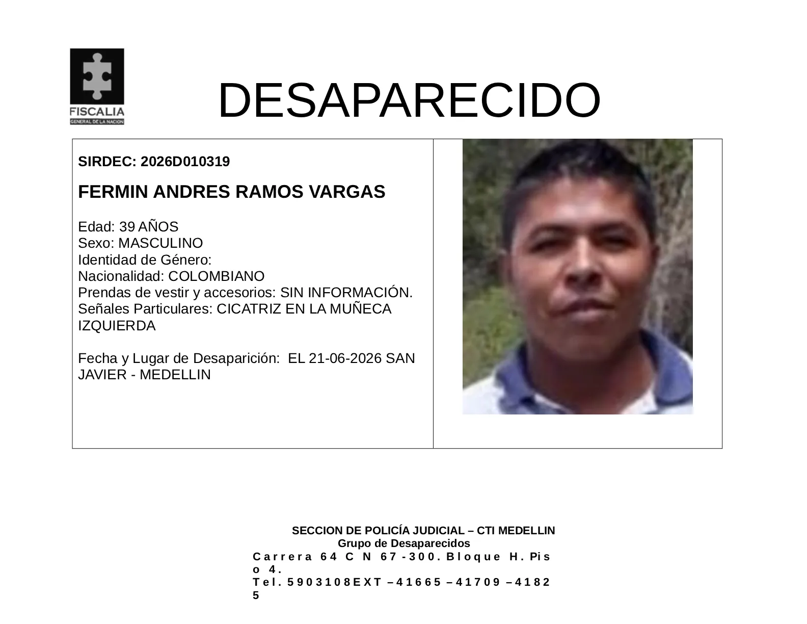 Fermín Andrés Ramos desapareció en Medellín 2 2 BOLETIN FERMIN ANDRES RAMOS VARGAS