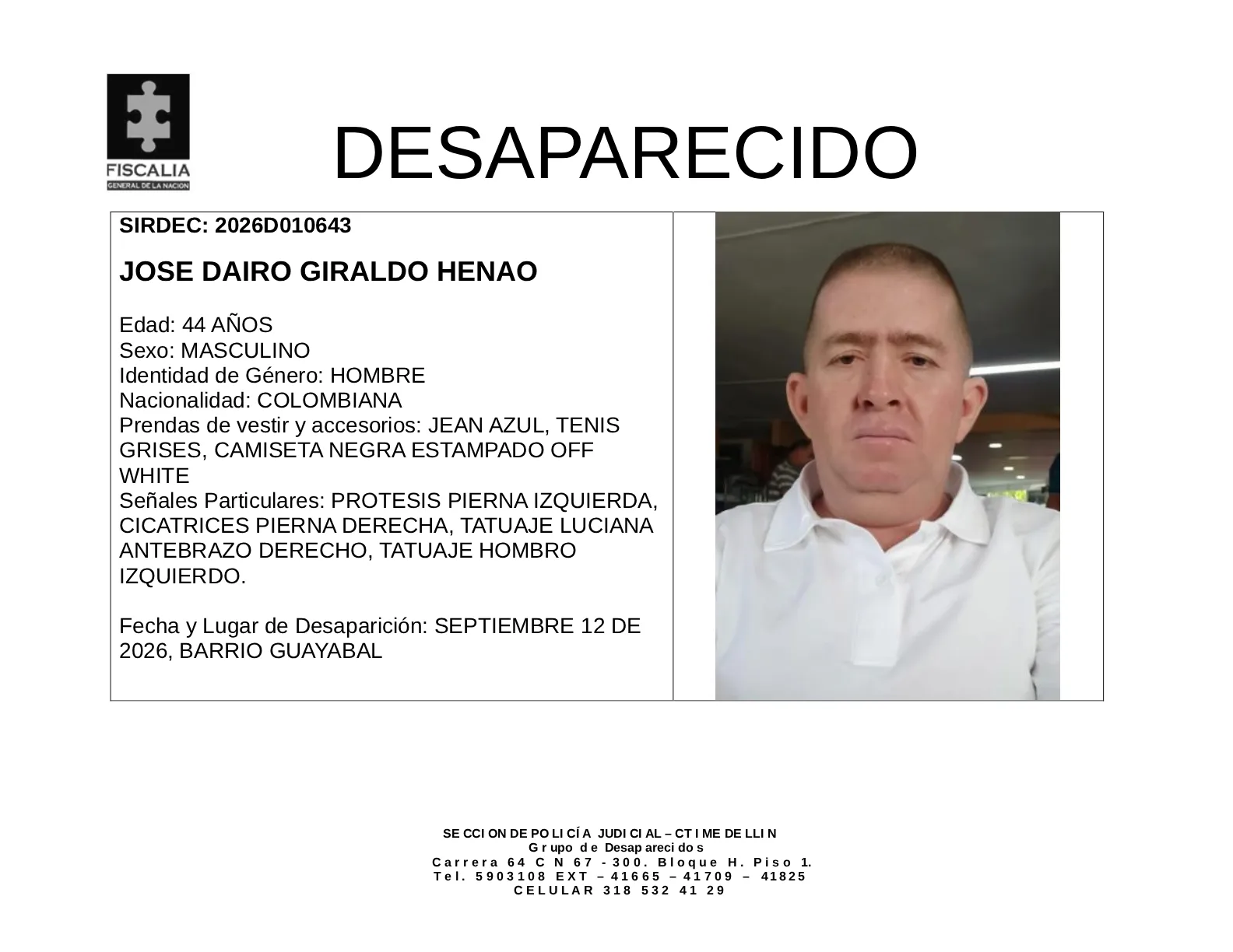 José Dairo Giraldo desapareció en Medellín 2 2 BOLETIN JOSE DAIRO GIRALDO HENAO