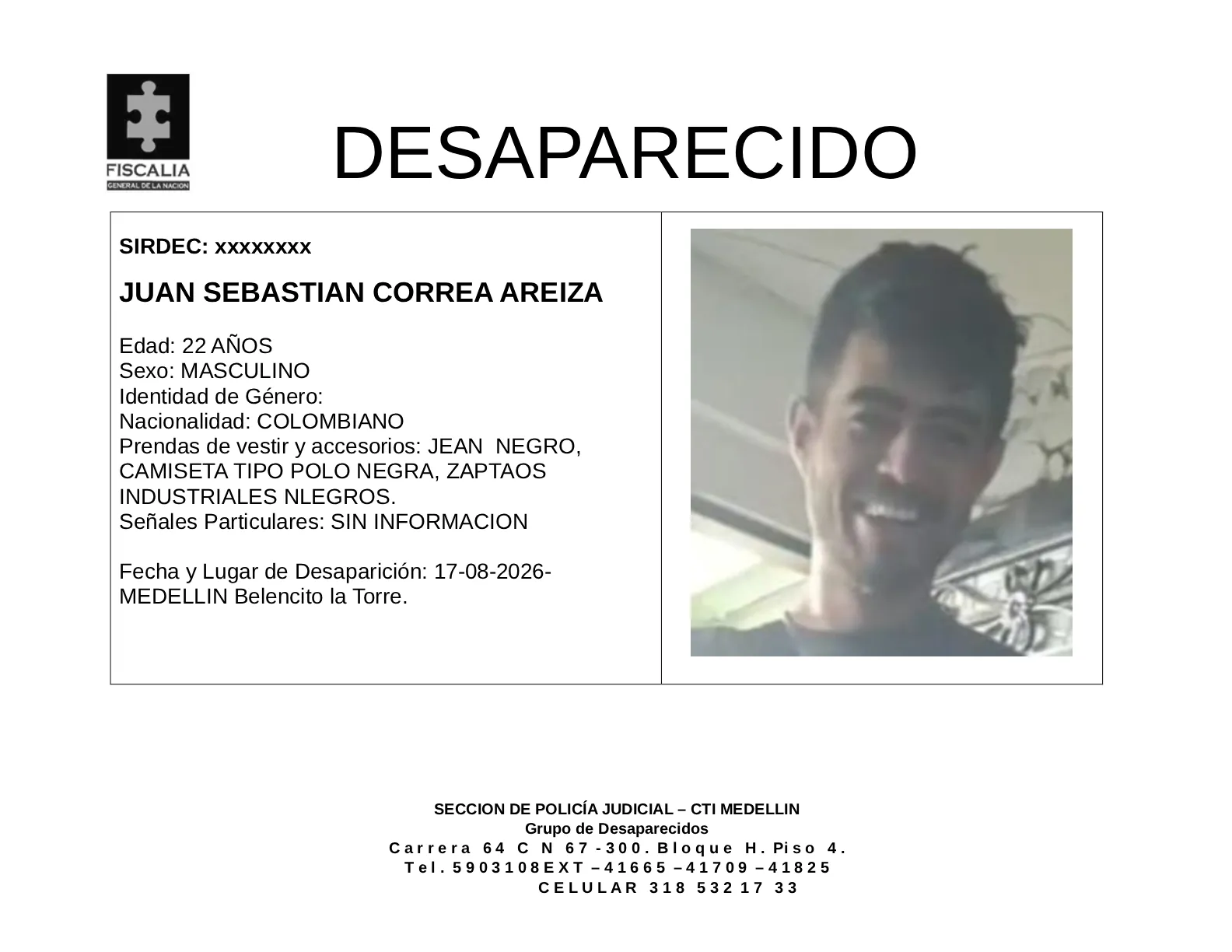 Juan Sebastián Correa desapareció en Medellín 2 2 BOLETIN JUAN SEBASTIAN CORREA AREIZA