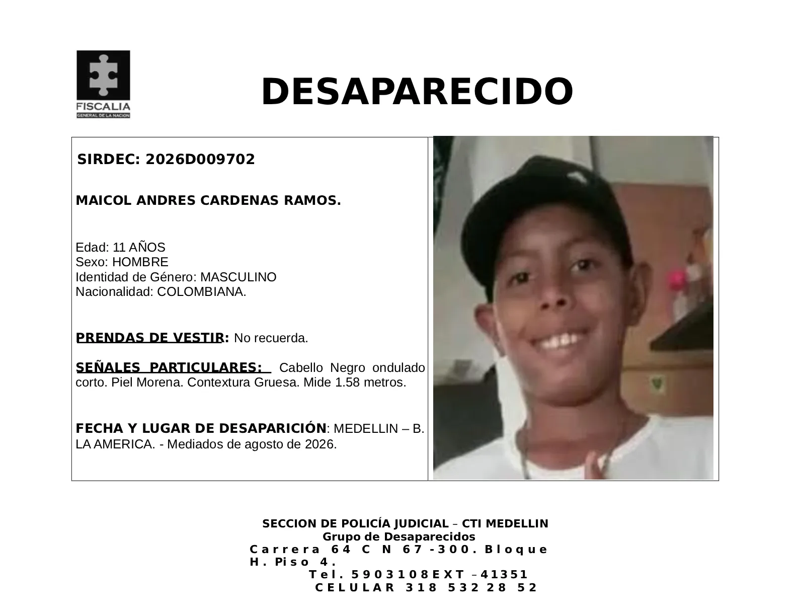El menor Maicol Andrés Cárdenas desapareció en Medellín 2 2 BOLETIN MAICOL ANDRES CARDENAS RAMOS