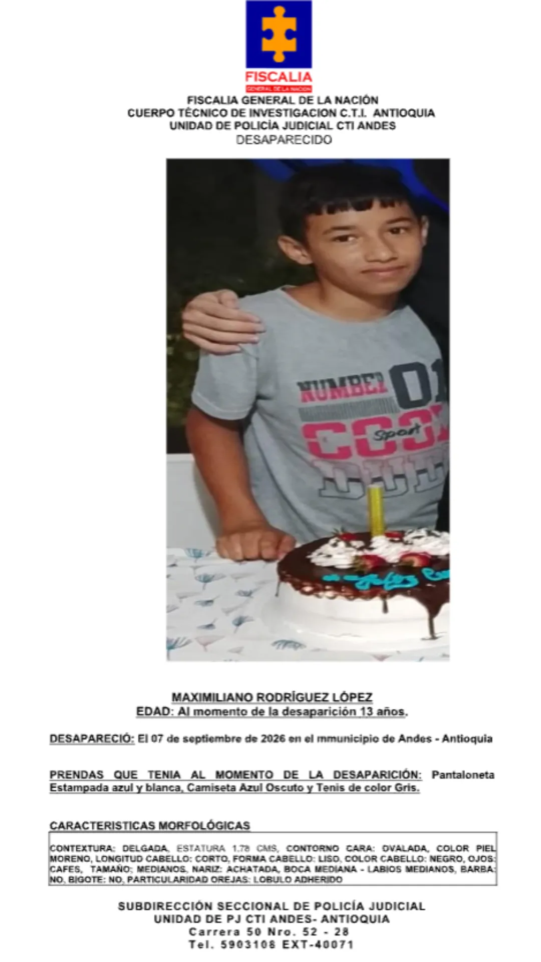 El menor Maximiliano Rodríguez desapareció en el municipio de Andes 2 2 BOLETIN MAXIMILIANO RODRIGUEZ LOPEZ