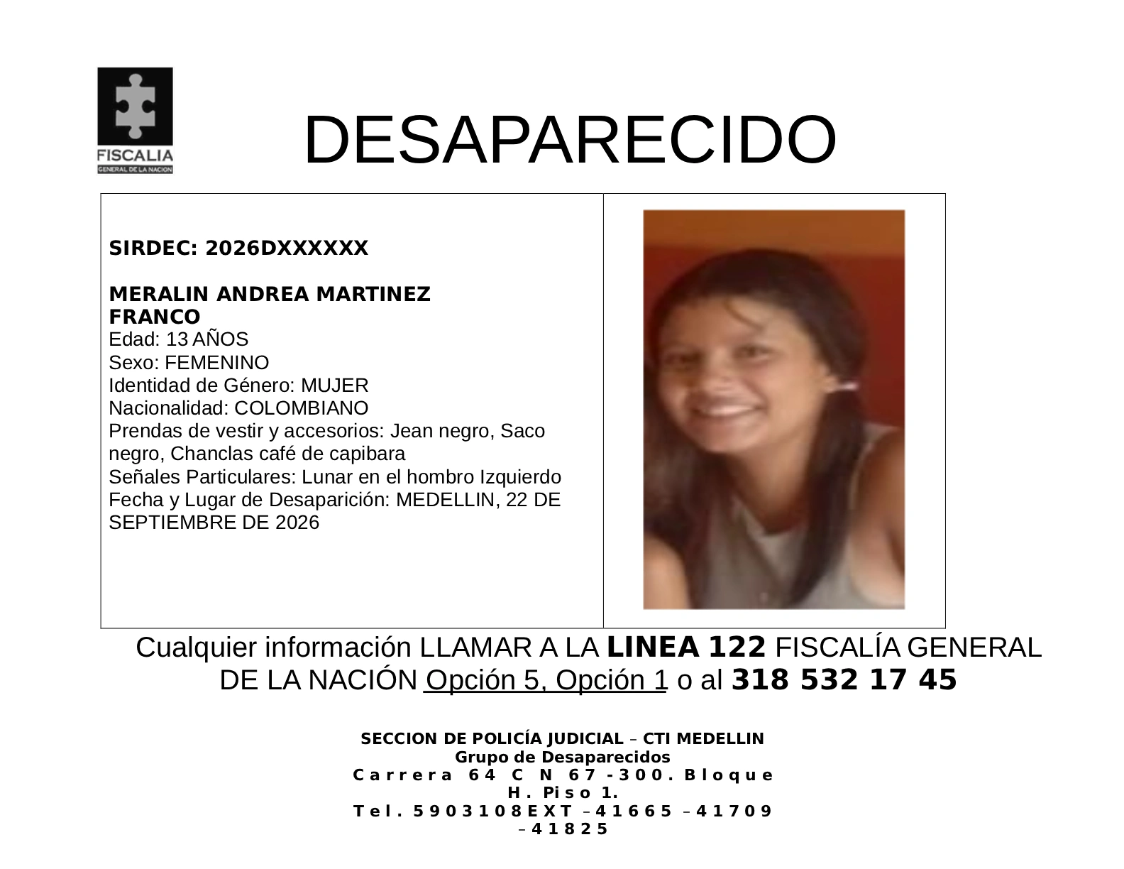 La menor Meralin Andrea Martínez desapareció en Medellín 2 2 BOLETIN MERALIN ANDREA MARTINEZ FRANCO