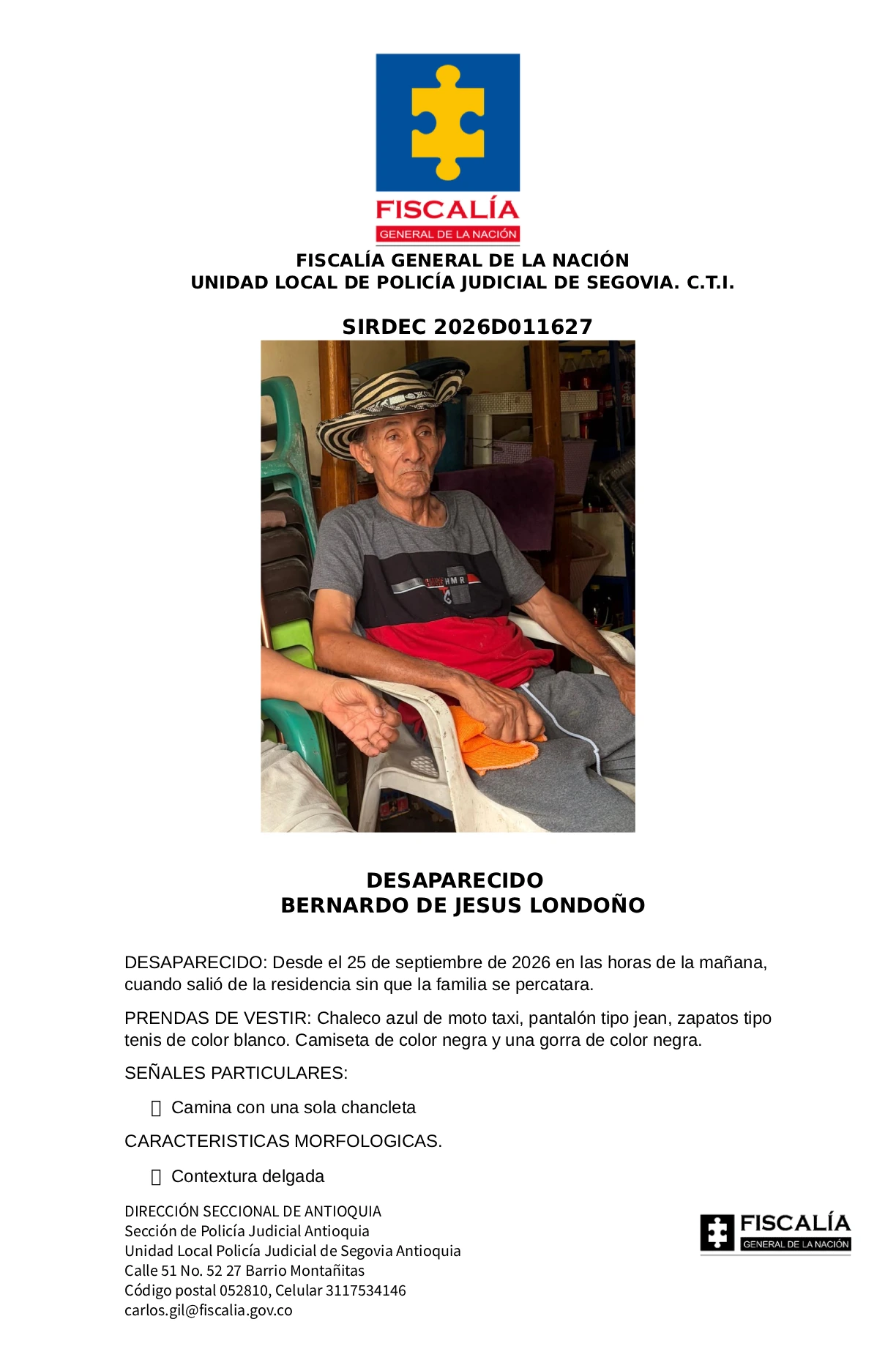 Bernardo de Jesús desapareció en Remedios 2 2 VOLANTE BERNARDO DE JESUS LONDOLO