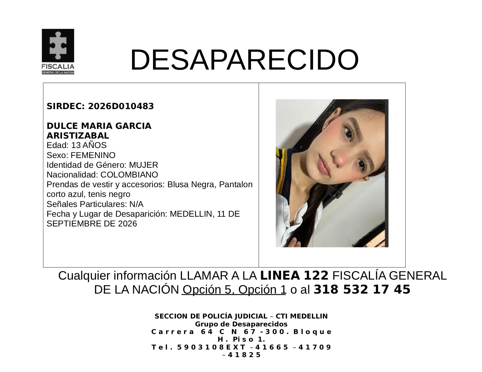 La menor Dulce María García desapareció en Medellín 2 3 BOLETIN DULCE MARIA GARCIA ARISTIZABAL