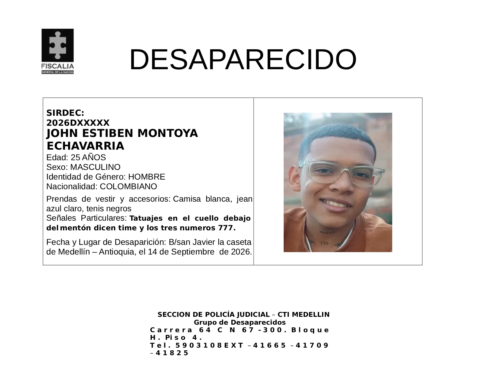 John Estiben Montoya desapareció en Medellín 2 3 BOLETIN JOHN ESTIBEN MONTOYA ECHAVARRIA SEPTIEMBRE