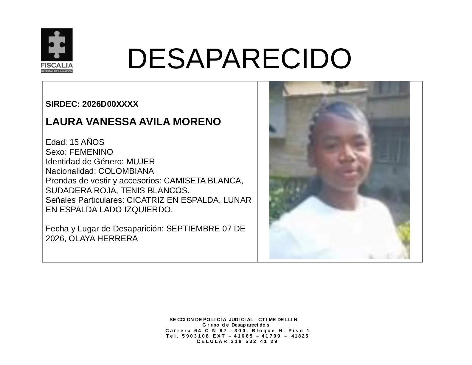 La menor Laura Vanessa Ávila desapareció en Medellín 2 3 BOLETIN LAURA VANESSA AVILA MORENO