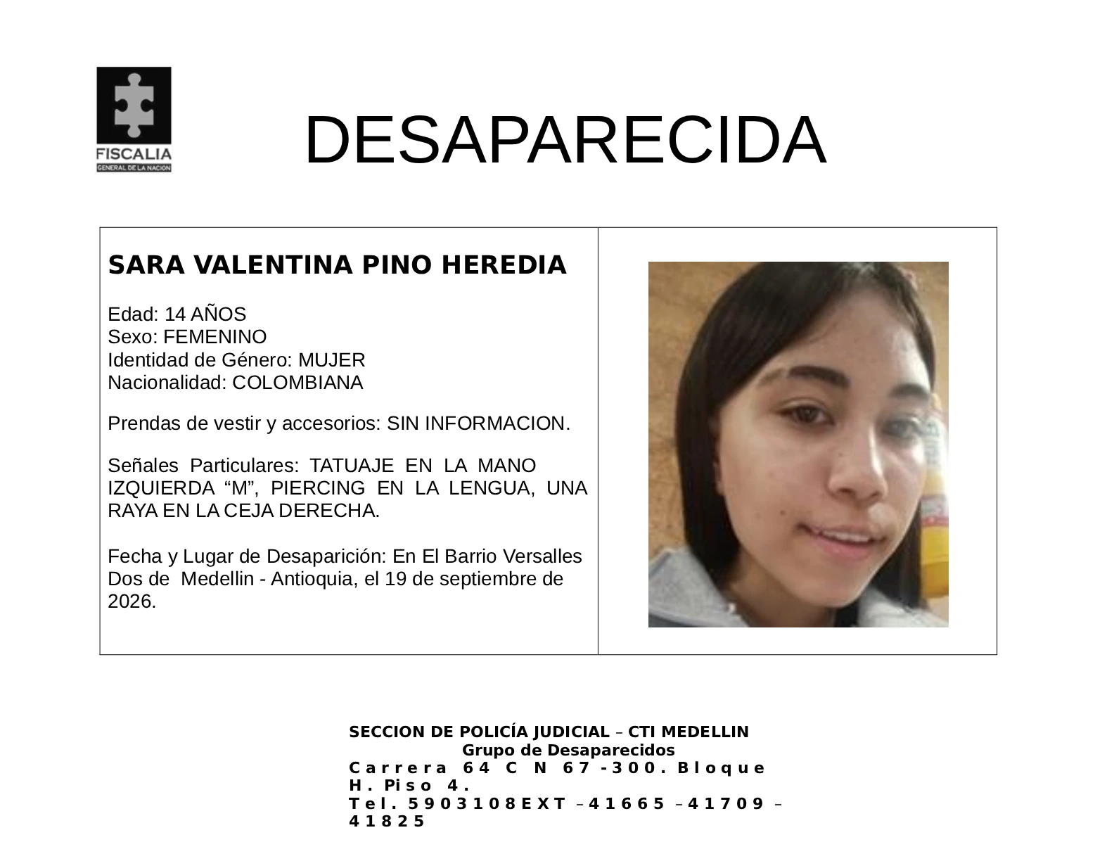 La menor Sara Valentina Pino desapareció en Medellín 2 3 BOLETIN SARA VALENTINA PINO HEREDIA