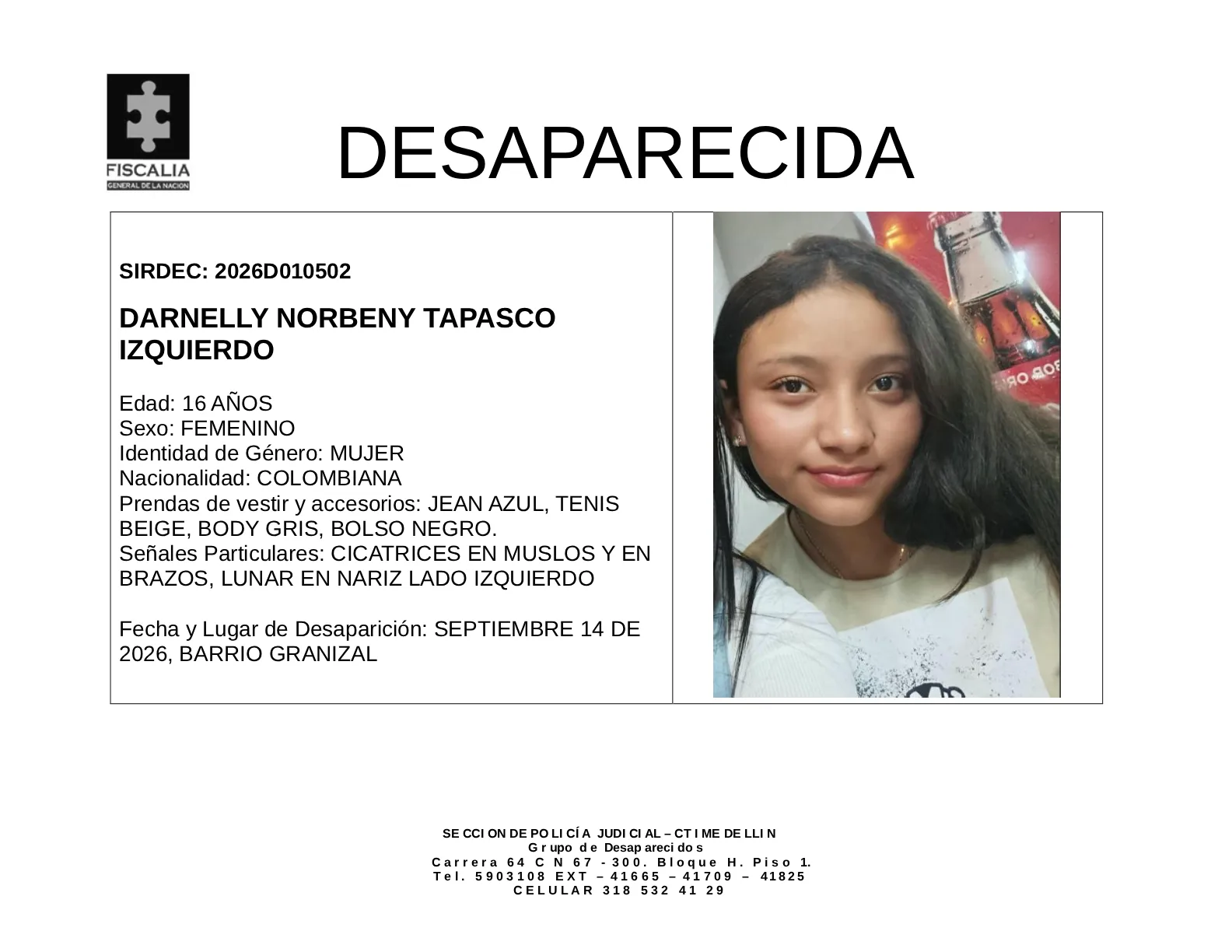 La menor Darnelly Norbeny Tapasco desapareció en Medellín 2 4 BOLETIN DE DESAPARICION DARNELLY NORBENY TAPASCO IZQUIERDO