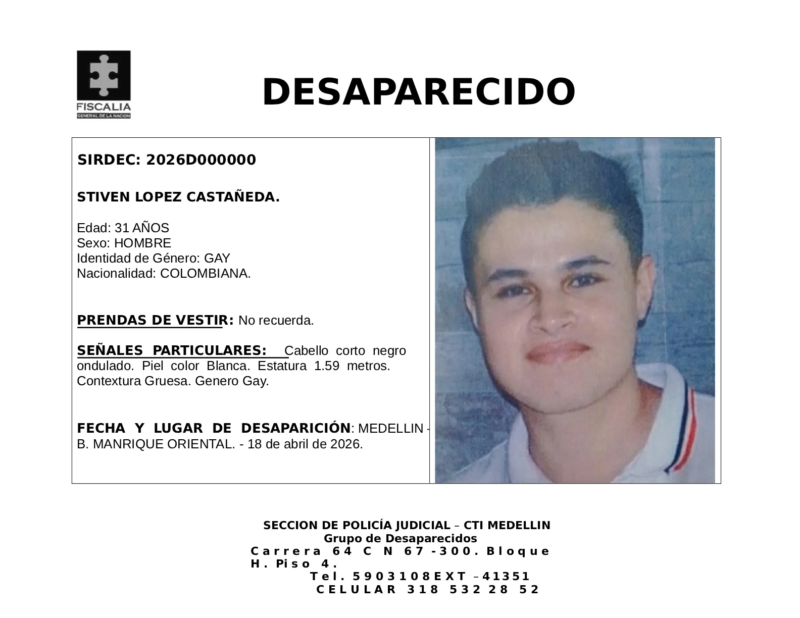 Stiven López desapareció en Medellín 2 4 BOLETIN STIVEN LOPEZCASTANEDA GAY