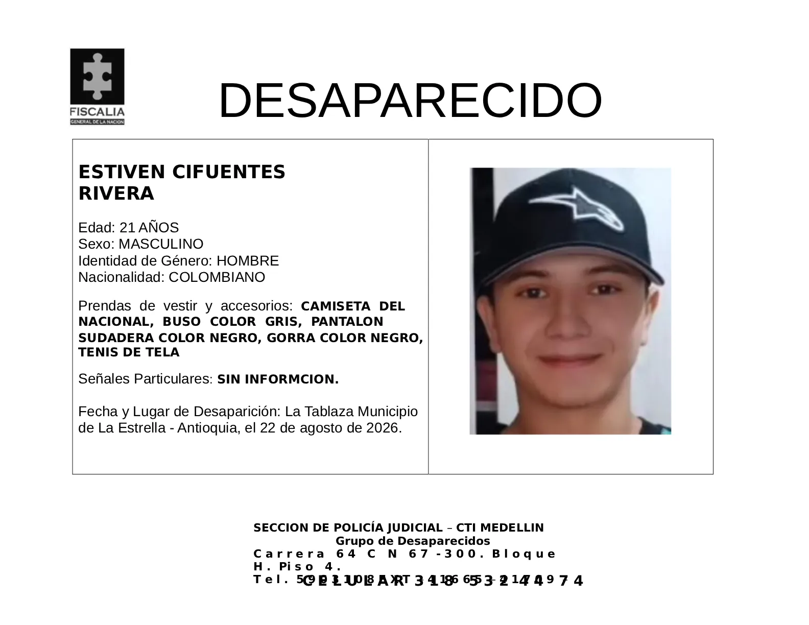 Estiven Cifuentes desapareció en La Estrella 2 5 BOLETIN ESTIVEN CIFUENTES RIVERA