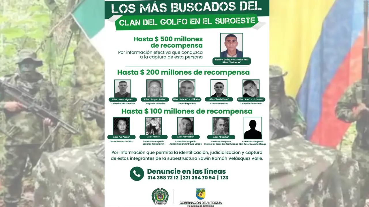¡Revelan el cartel de los más buscados! Cazan a los cabecillas del Clan del Golfo en Antioquia 2 ¡Revelan el cartel de los más buscados! Cazan a los cabecillas del Clan del Golfo en Antioquia