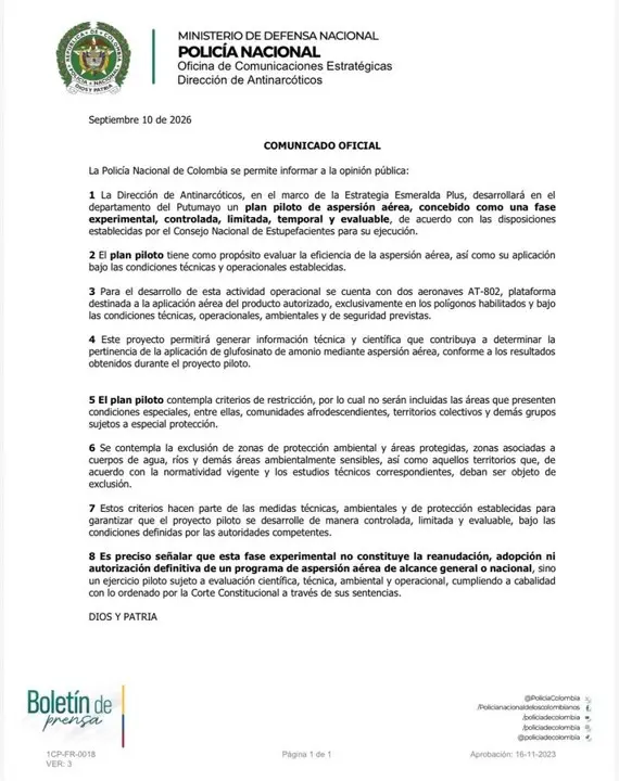 ¡Ni es glifosato ni es nacional! Policía inicia plan piloto de aspersión aérea en Putumayo 2 Plan piloto de aspersion aerea