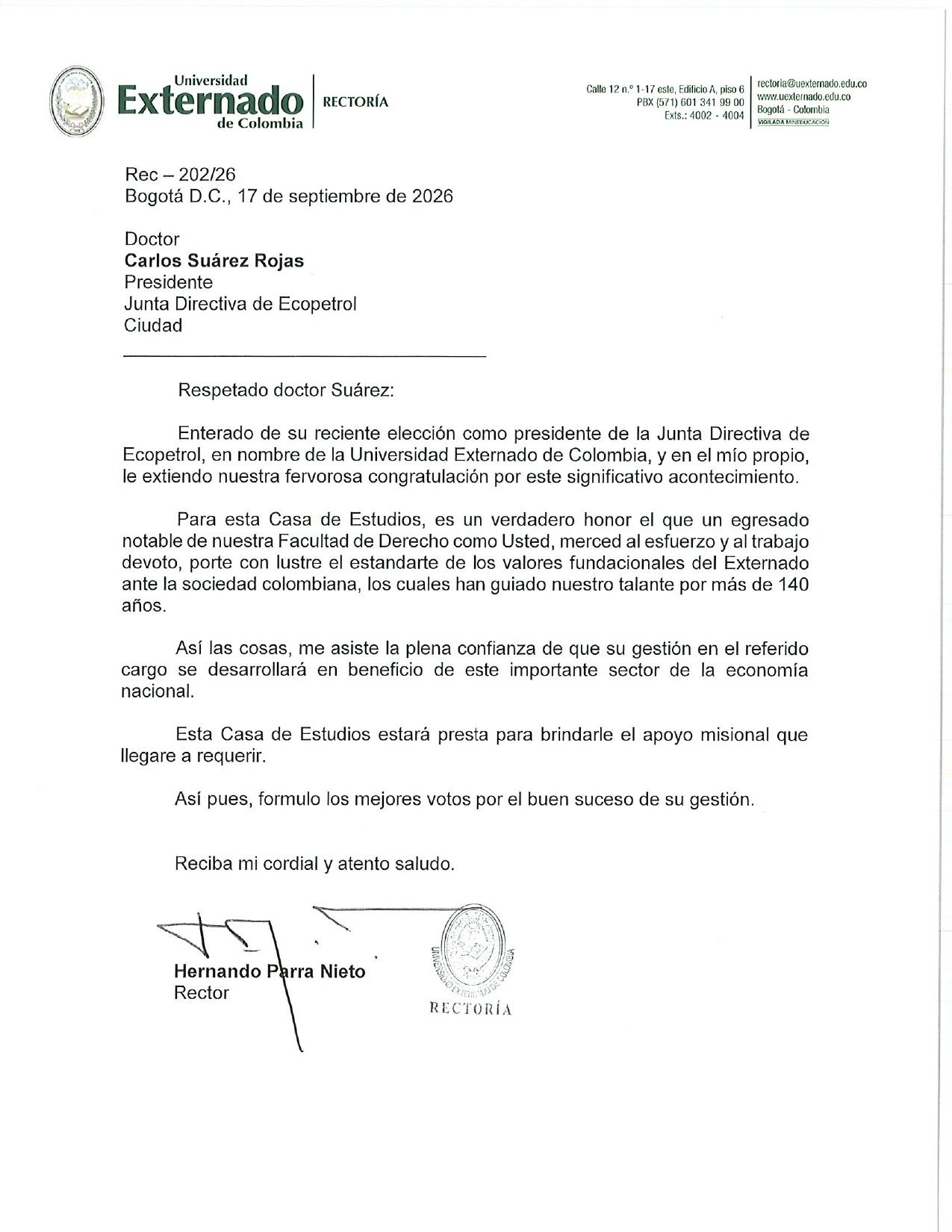 Universidad Externado celebra el nombramiento de su egresado Carlos Suárez como presidente de la Junta de Ecopetrol 2 Rec 202 Carlos Sua%CC%81rez Rojas page 0001