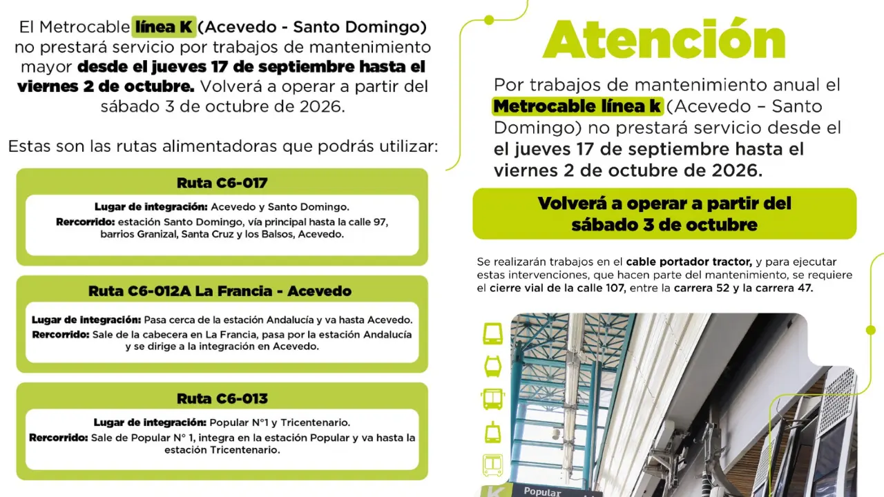 ¡Pilas con los viajes! Tres líneas del Metrocable paran operaciones por mantenimiento anual 1 ¡Pilas con los viajes! Tres líneas del Metrocable paran operaciones por mantenimiento anual