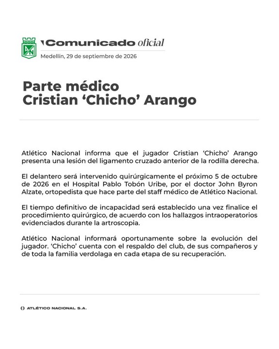 Nacional confirma que «Chicho» Arango será operado en los próximos días de la grave lesión de rodilla 2 chicho arango parte medico