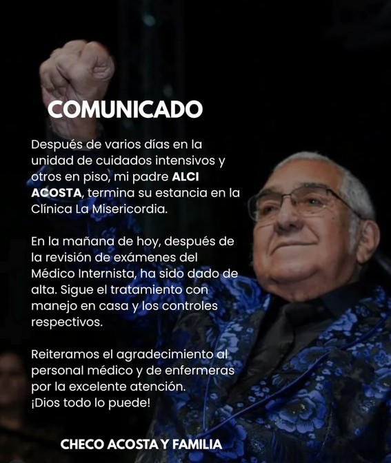 ¡Buenas noticias para los seguidores de Alci Acosta! El cantante fue dado de alta y continuará su recuperación en casa 2 Comunicado emitido por Checo Acosta sobre la salud de alci acosta. Foto: Instagram